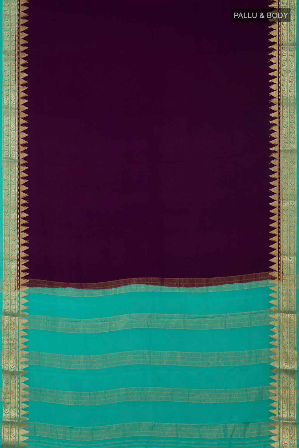 Flat view of Purple Crepe Saree with Plain Body and Zari Border. 