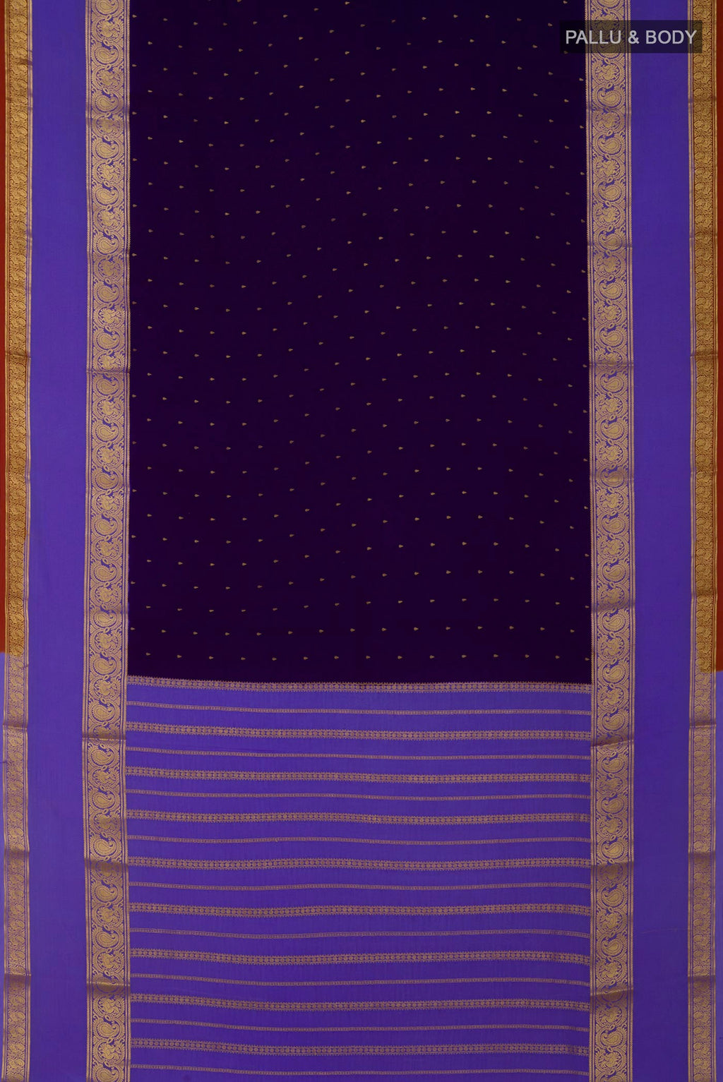 Flat view of Navy Blue Mysore Crepe Saree with Zari Butta on the body and Zari Border. 