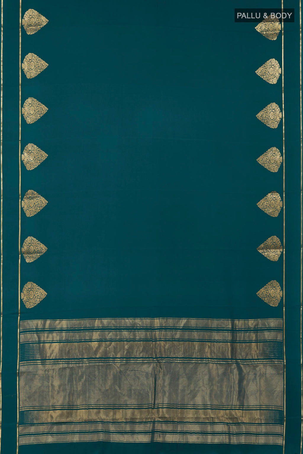 Flat view of Blue Crepe Saree with Plain Body and Thin Zari Line. 