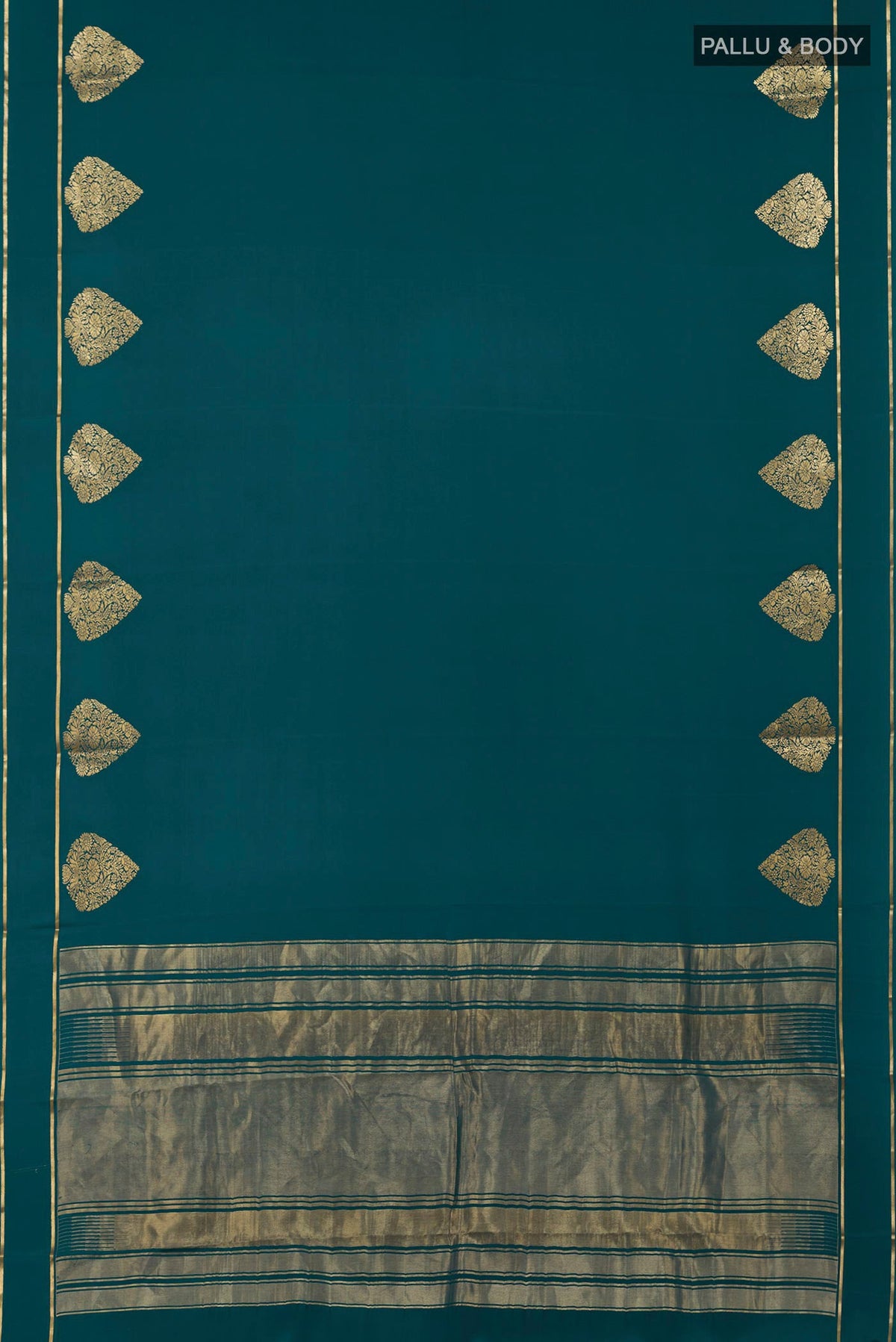 Flat view of Blue Crepe Saree with Plain Body and Thin Zari Line. 
