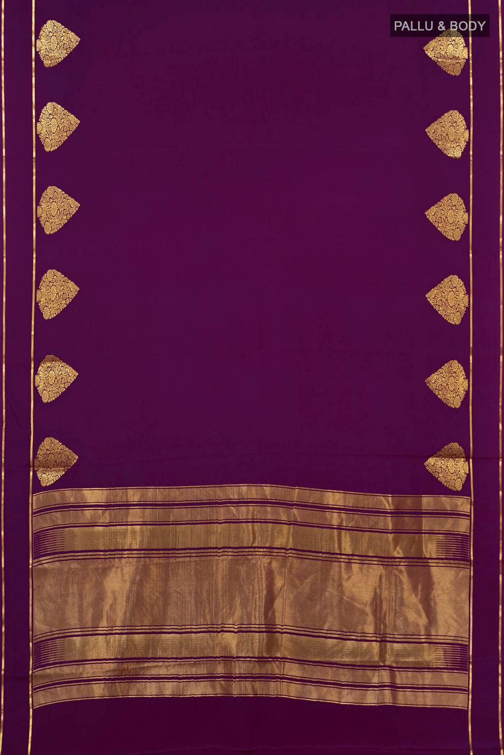 Flat view of Purple Crepe Saree with Plain Body and Thin Zari Line. 
