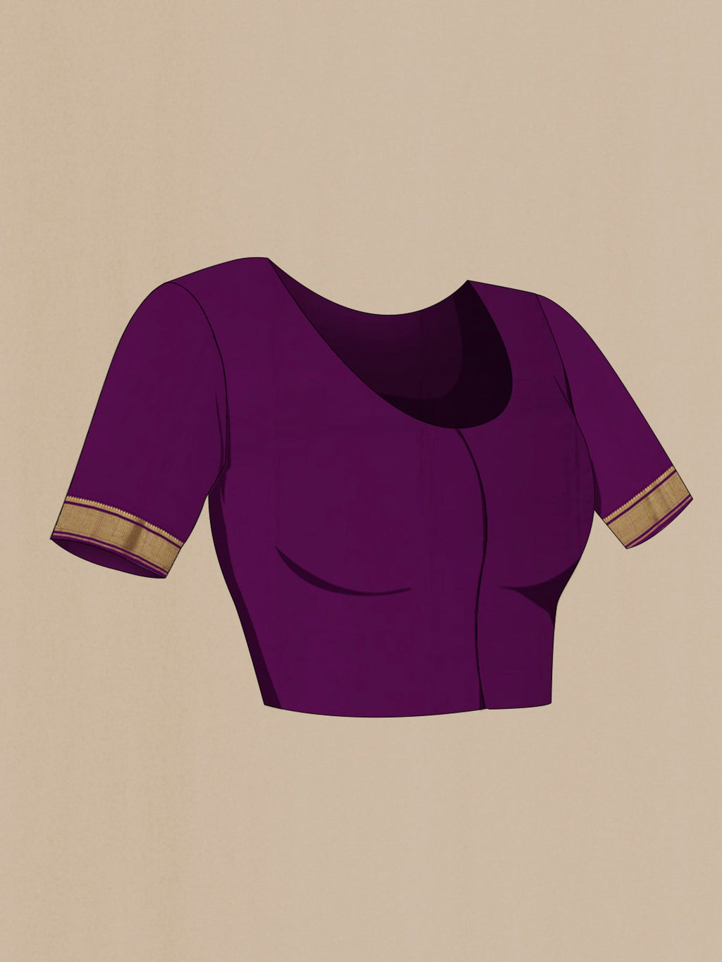Close up image of the blouse of Purple Crepe Saree with Checked design on the body and Zari Border. 