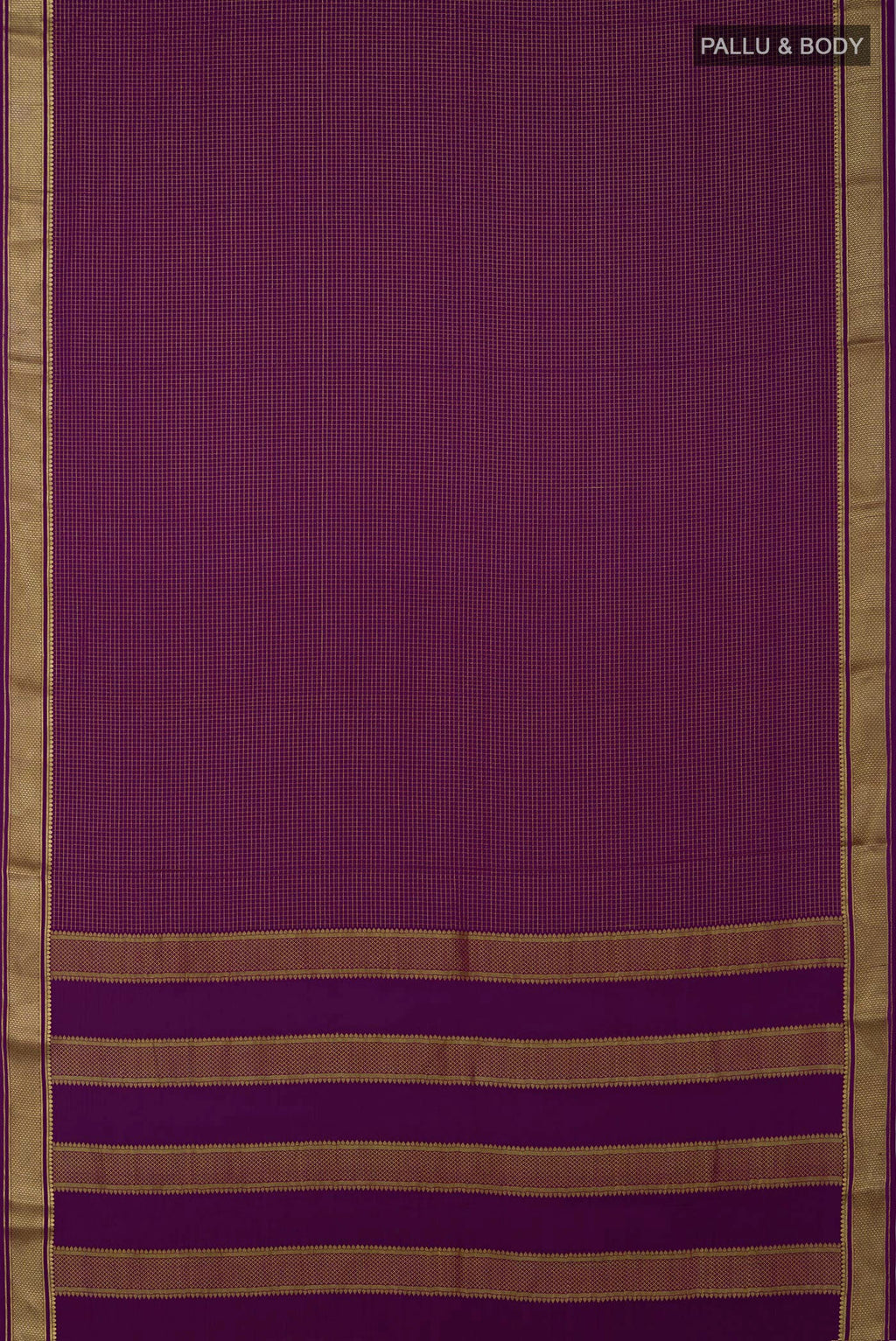Flat view of Purple Crepe Saree with Checked design on the body and Zari Border. 
