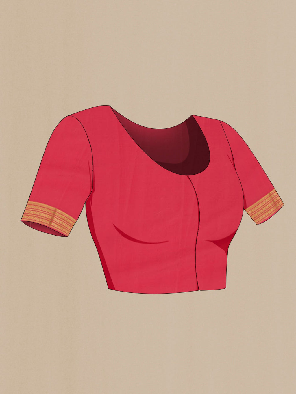 Close up image of the blouse of Peach Crepe Saree with Zari Butta on the body and Zari Border. 