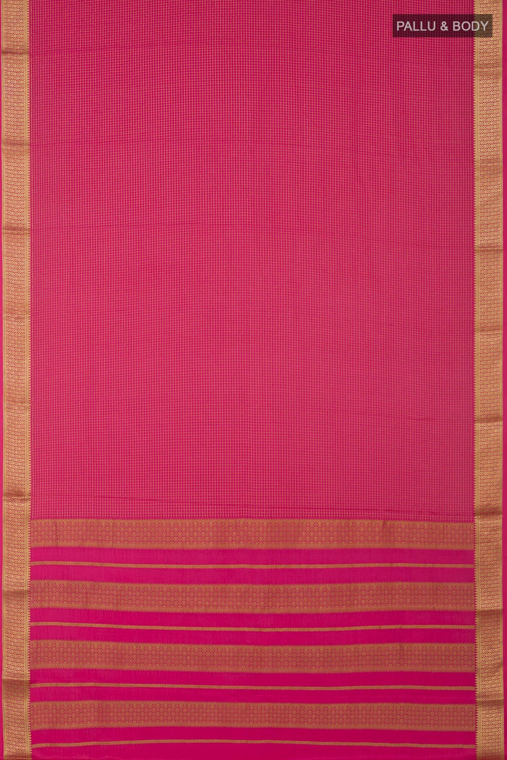 Flat view of Pink Crepe Saree with Checked design on the body and Zari Border. 