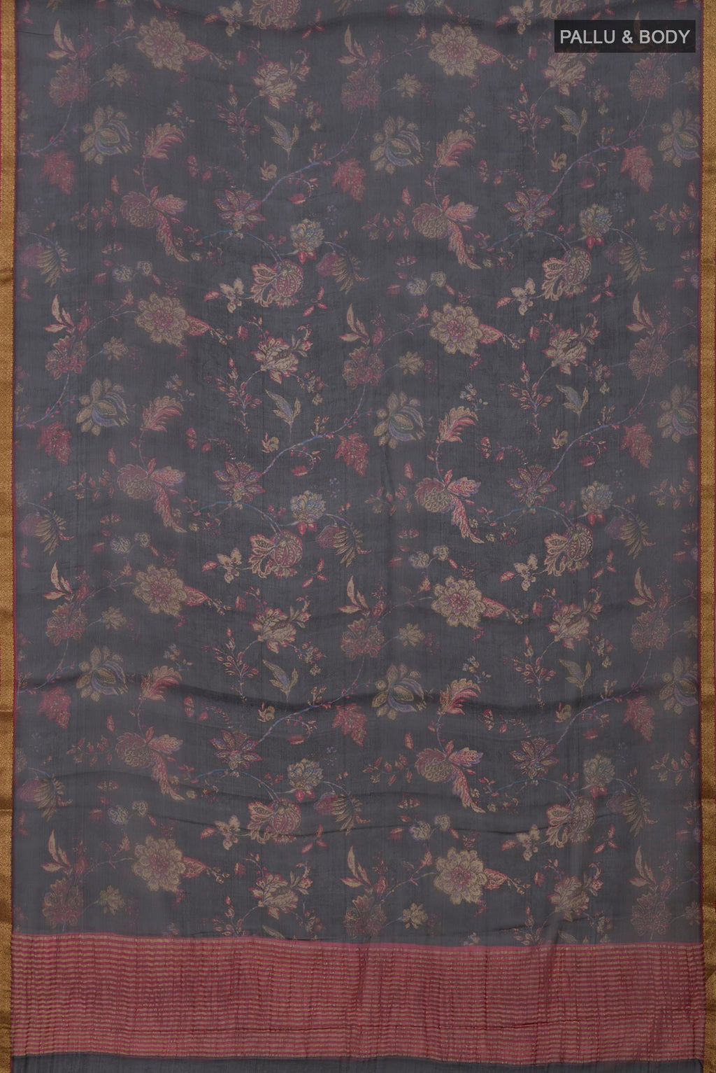 Flat view of Black Chiffon Saree with Printed design on the body and Zari Border. 