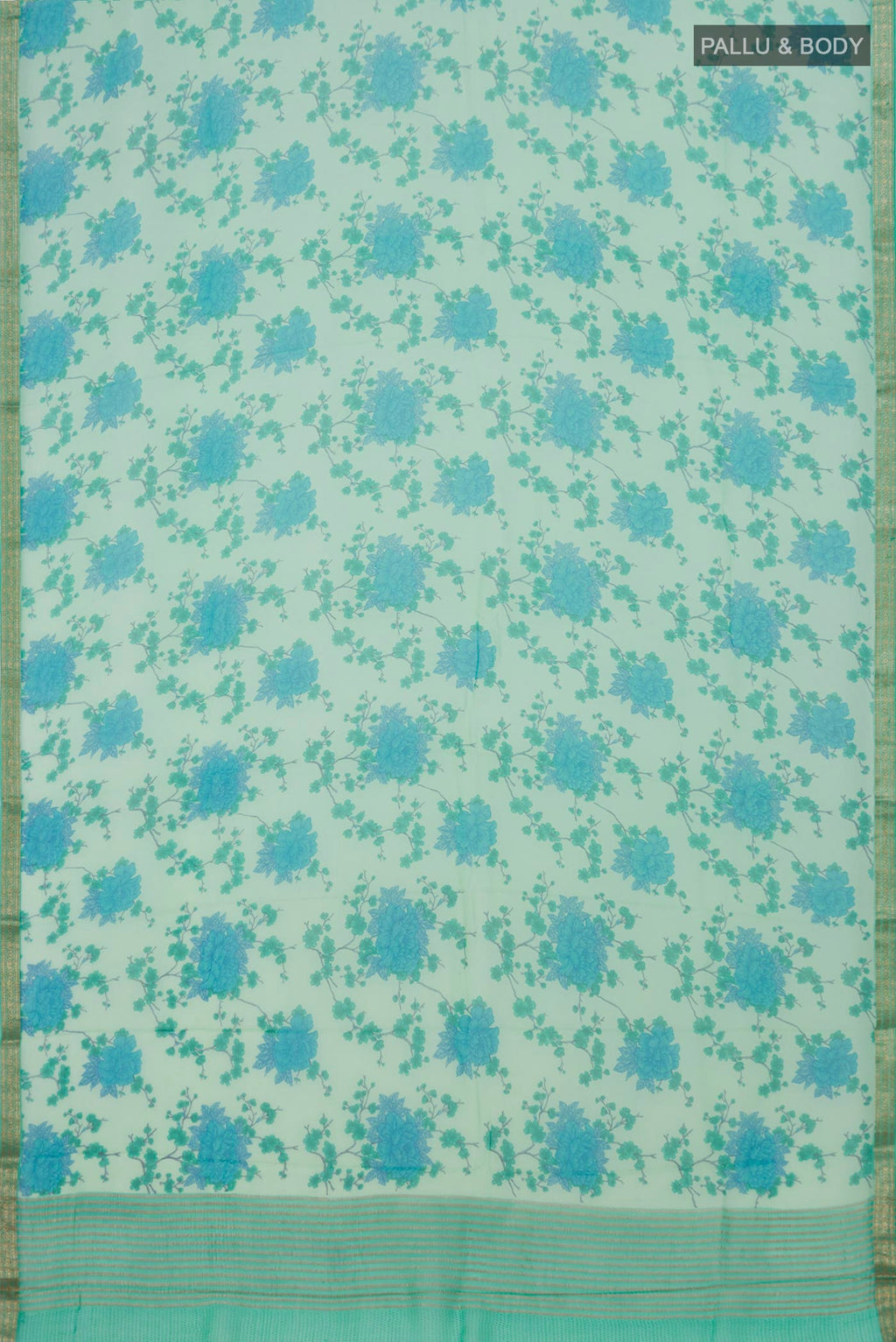 Flat view of Mint Green Mysore Chiffon Saree with Floral Print on the body and Zari Border. 