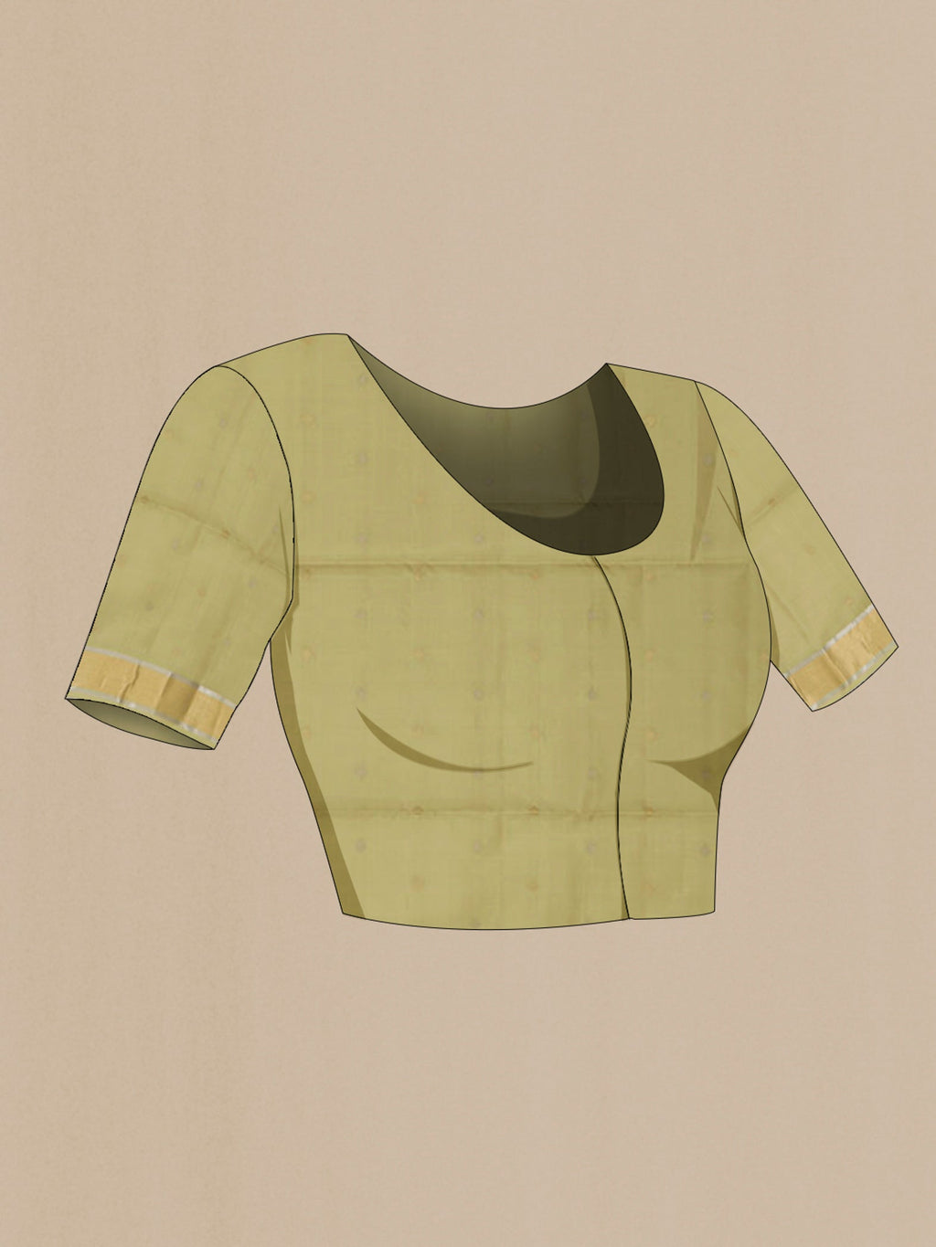 Close up image of the blouse of Beige Soft Silk Saree with Zari Butta on the body and Zari Border. 