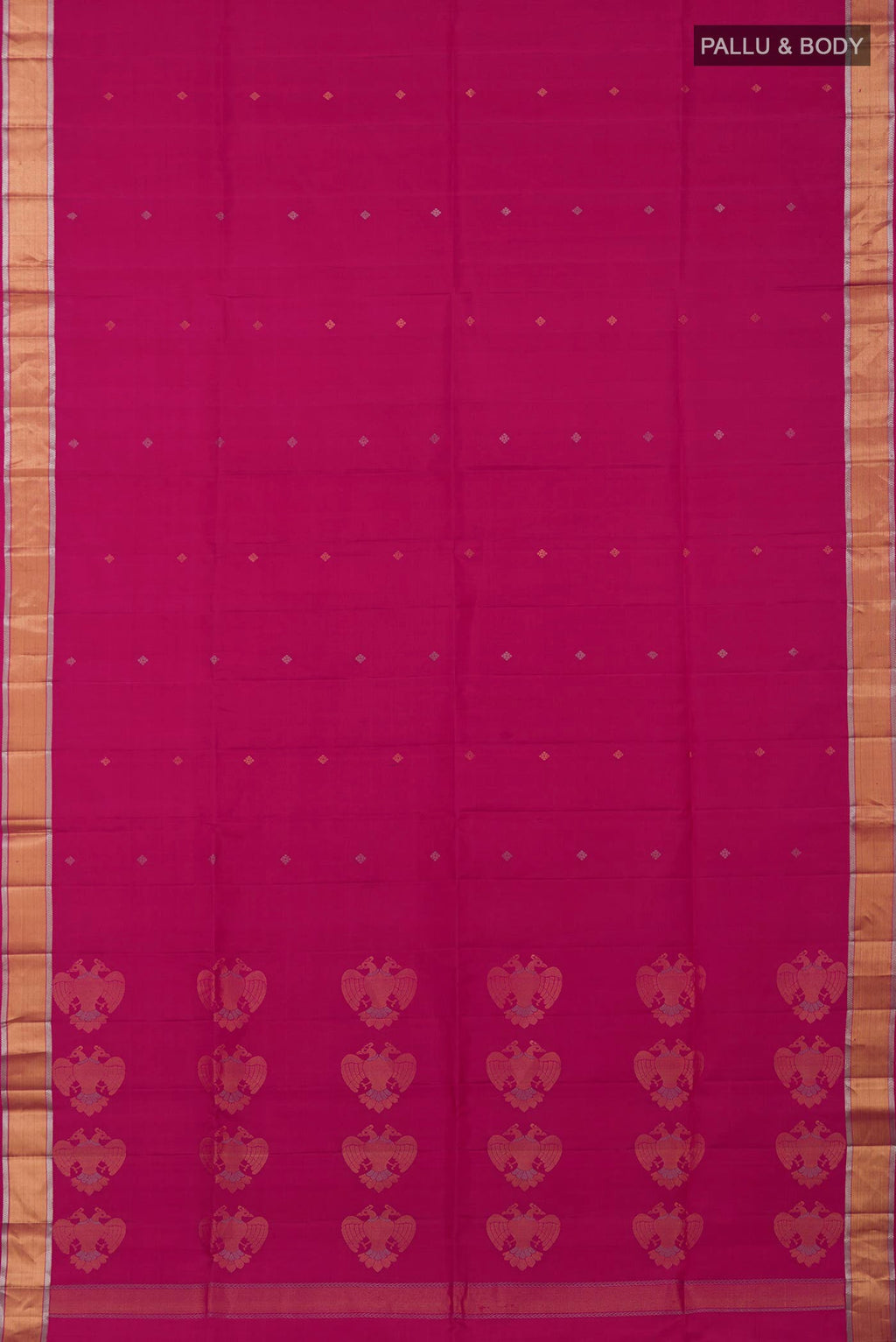 Flat view of Rani Pink Soft Silk Saree with Zari Butta on the body and Zari Border. 