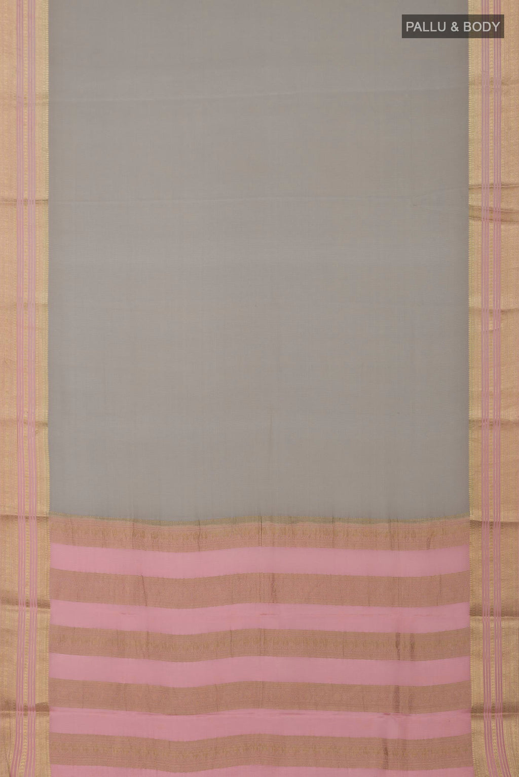 Flat view of Grey Crepe Saree with Plain Body and Fancy Border. 