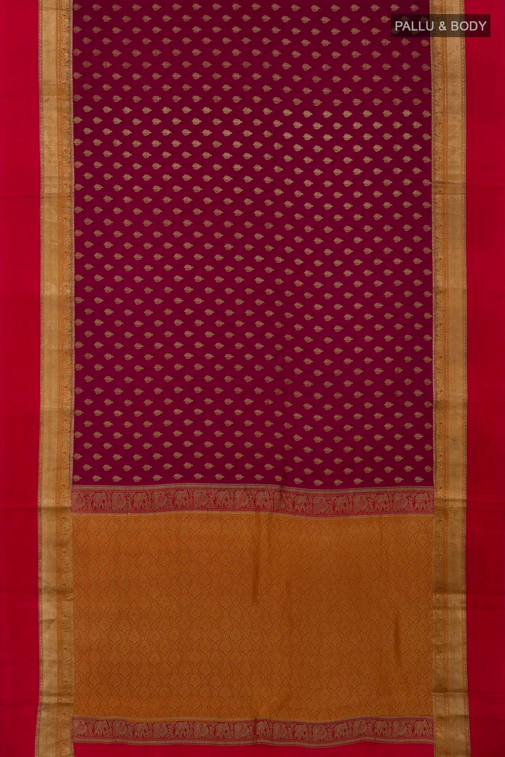 Flat view of Purple Crepe Saree with Zari Butta on the body and Zari Border. 