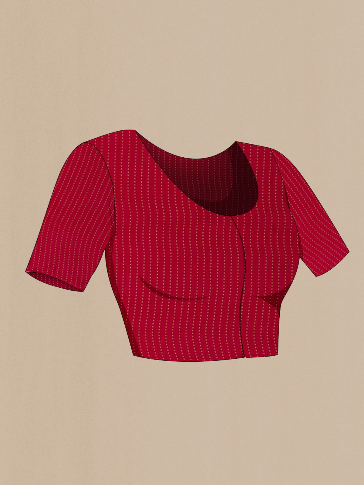 Close up image of the blouse of Red Mysore Crepe Saree with Plain Body and Zari Border. 