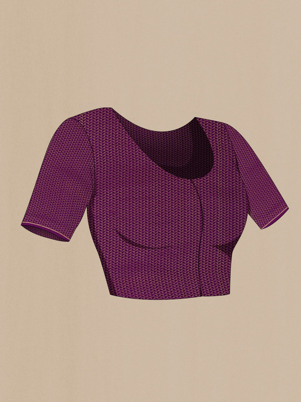 Close up image of the blouse of Purple Mysore Crepe Saree with Stripes on the body and Plain Border. 