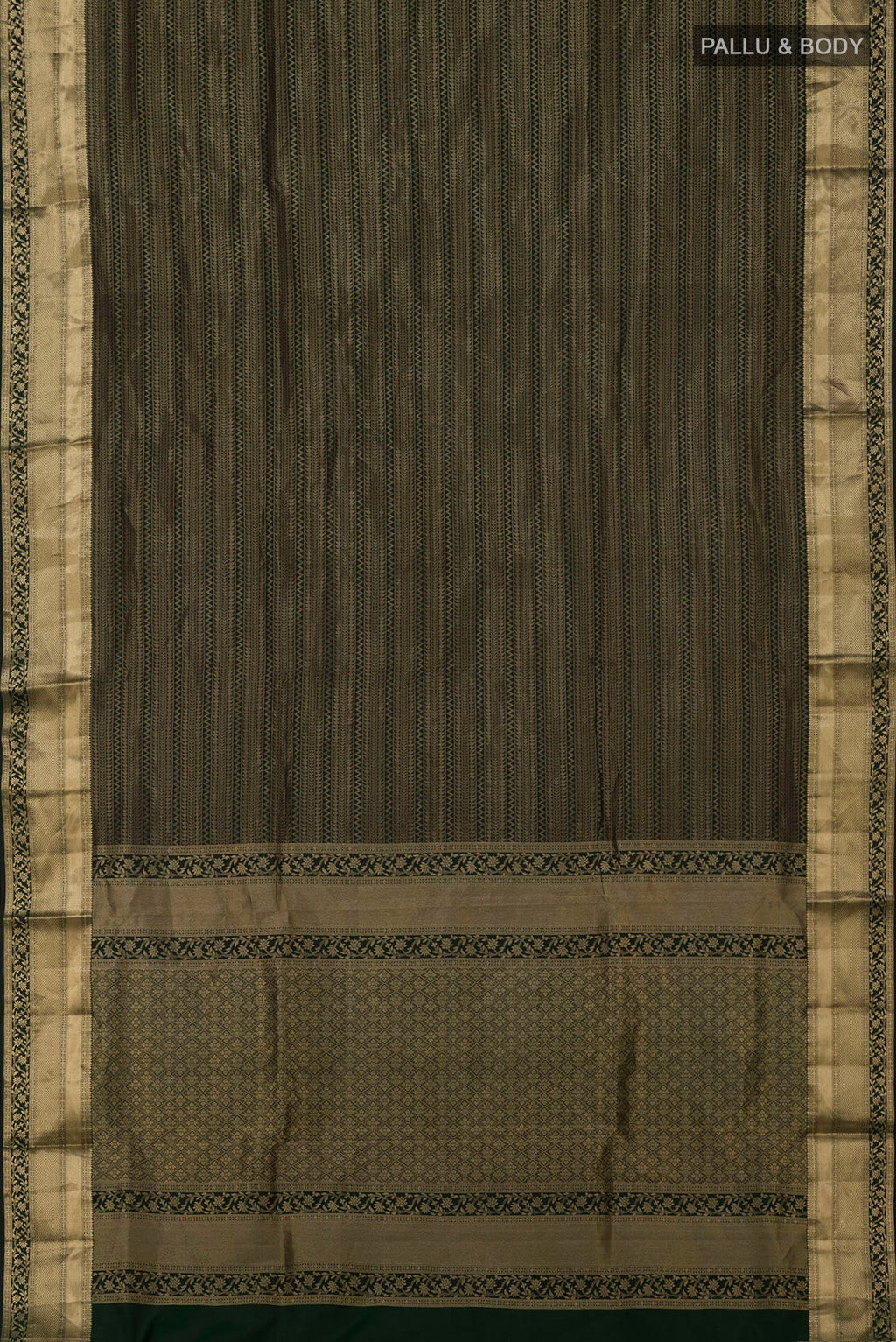 Flat view of Green Soft Silk Saree with Zari Brocade on the body and Zari Border. 