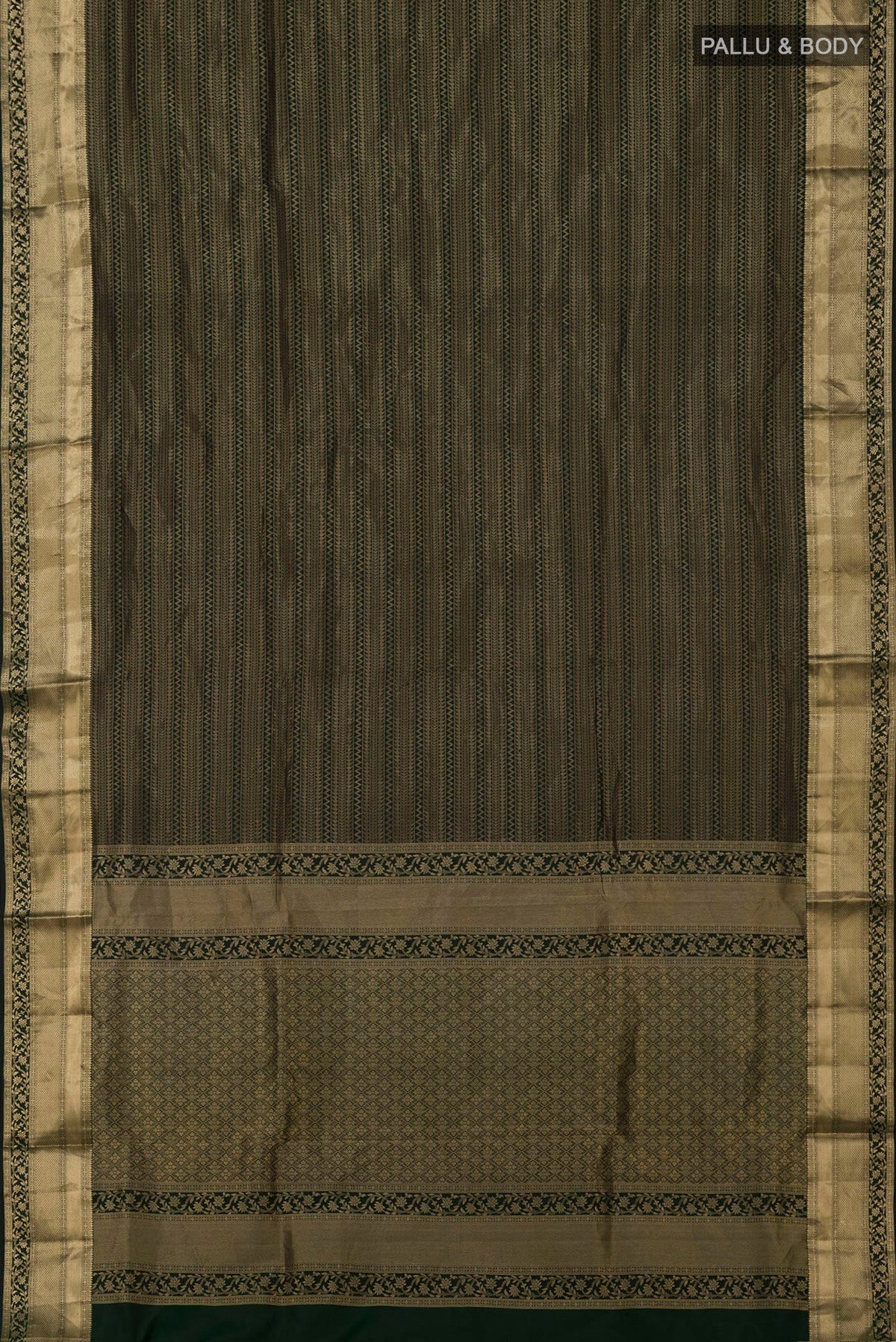 Flat view of Green Soft Silk Saree with Zari Brocade on the body and Zari Border. 