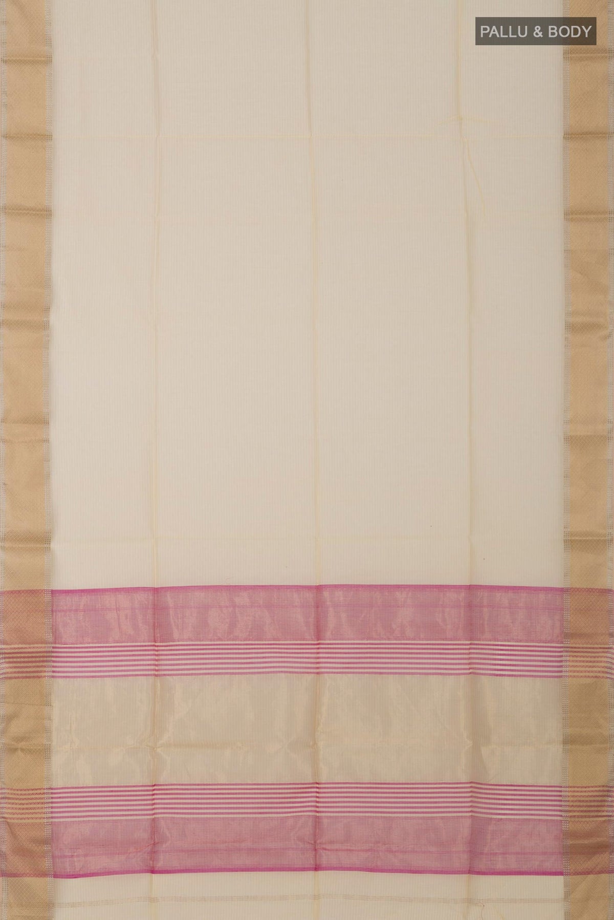Flat view of Yellow Maheshwari Silk Cotton Saree with Plain Body and Zari Border. 