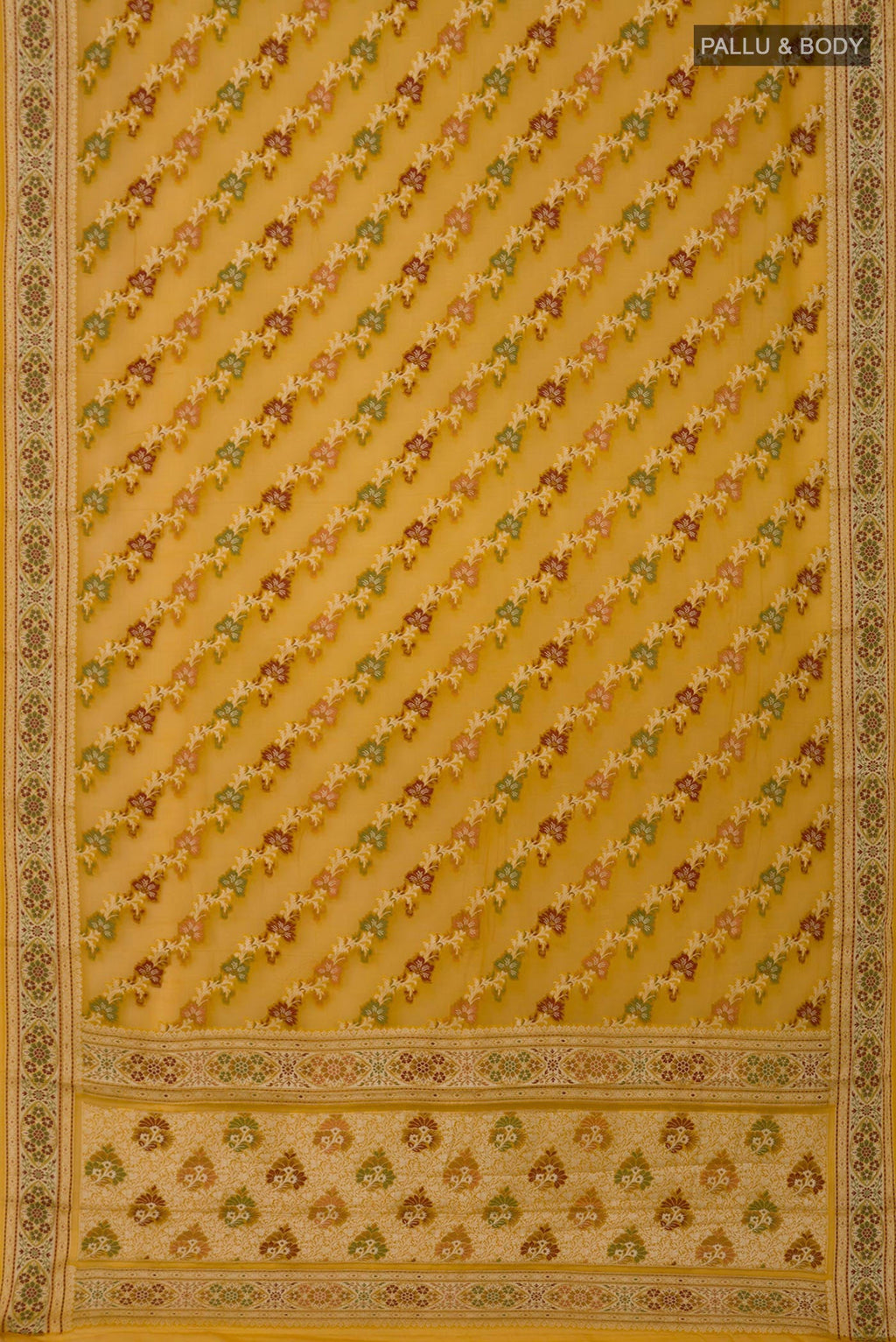 Flat view of Mustard Banarasi Georgette Saree with Thread Brocade on the body and Thread Border. 