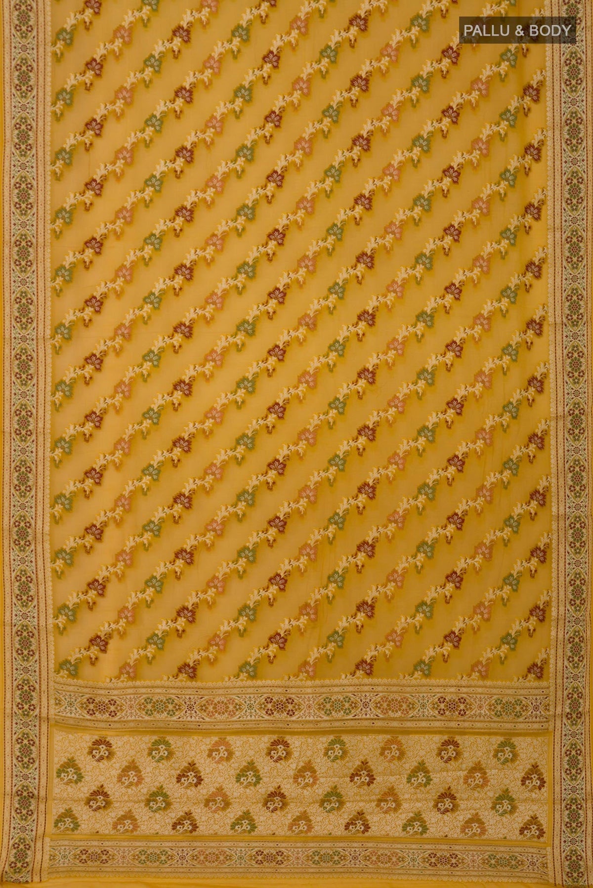 Flat view of Mustard Banarasi Georgette Saree with Thread Brocade on the body and Thread Border. 