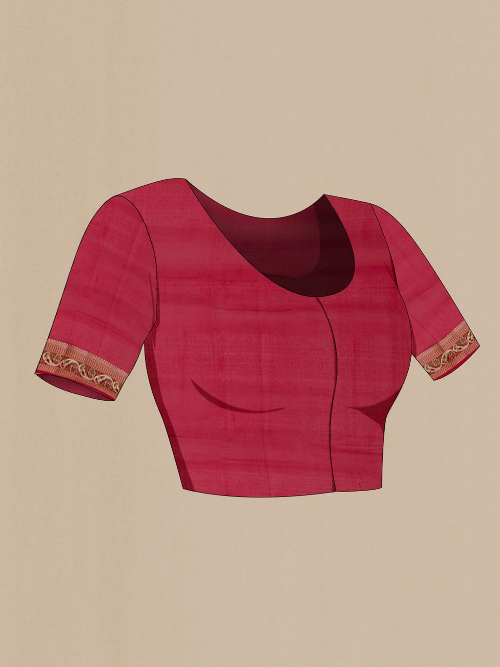 Close up image of the blouse of Deep Red Banarasi Georgette Saree with Thread Butta on the body and Zari And Thread Border. 