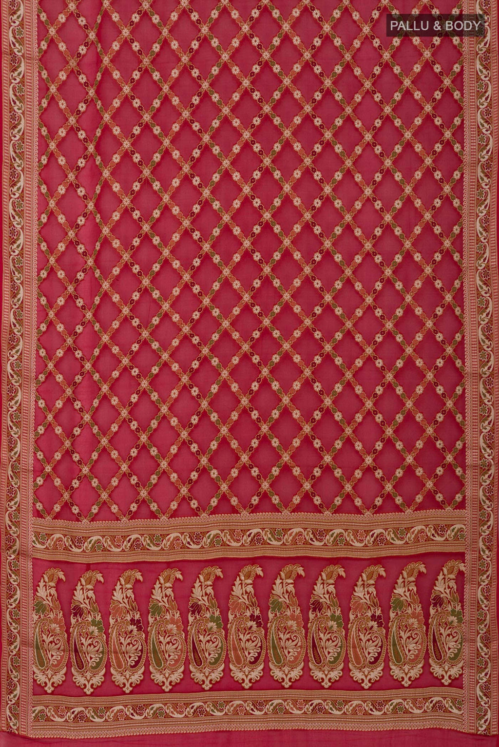 Flat view of Deep Red Banarasi Georgette Saree with Thread Butta on the body and Zari And Thread Border. 