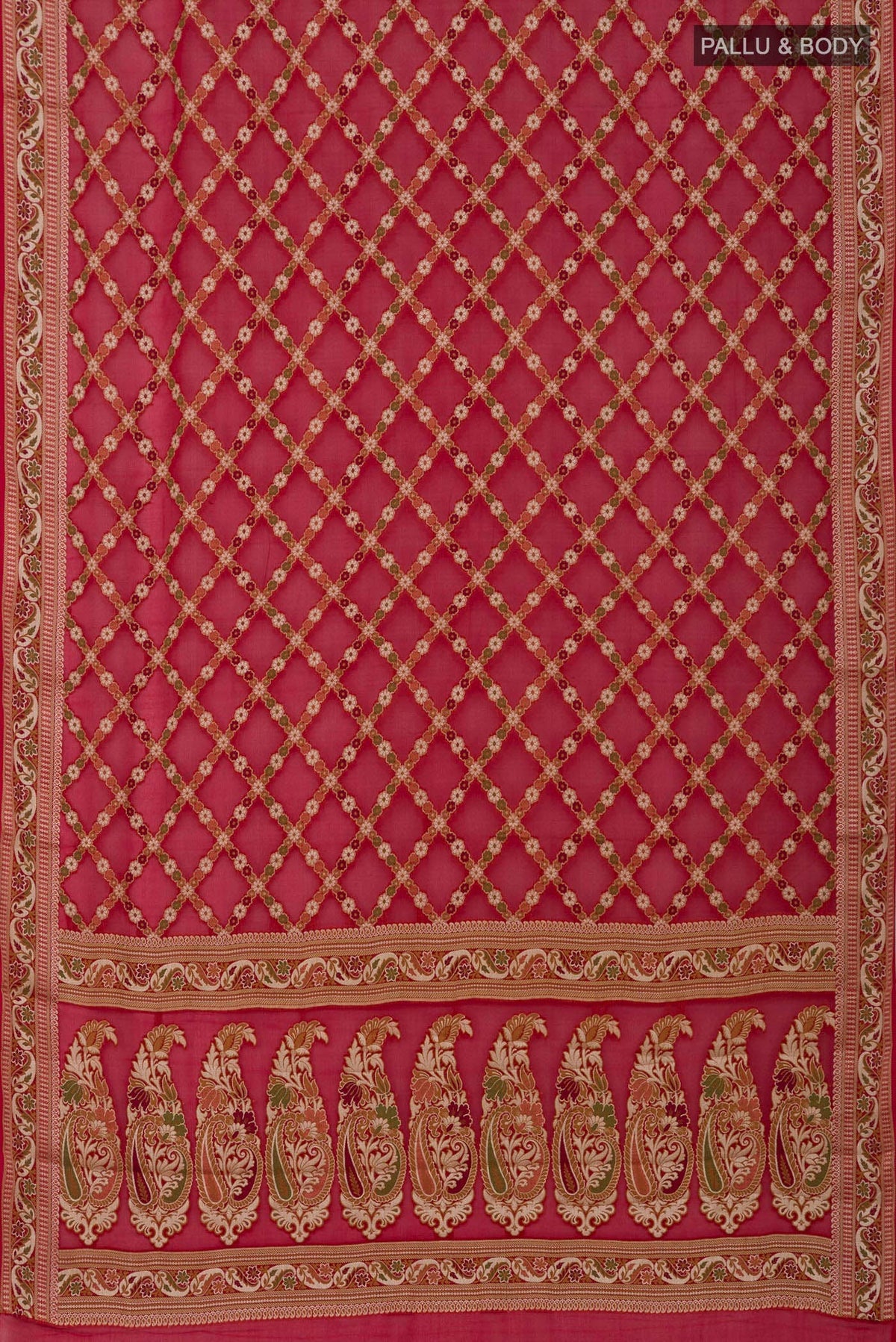 Flat view of Deep Red Banarasi Georgette Saree with Thread Butta on the body and Zari And Thread Border. 