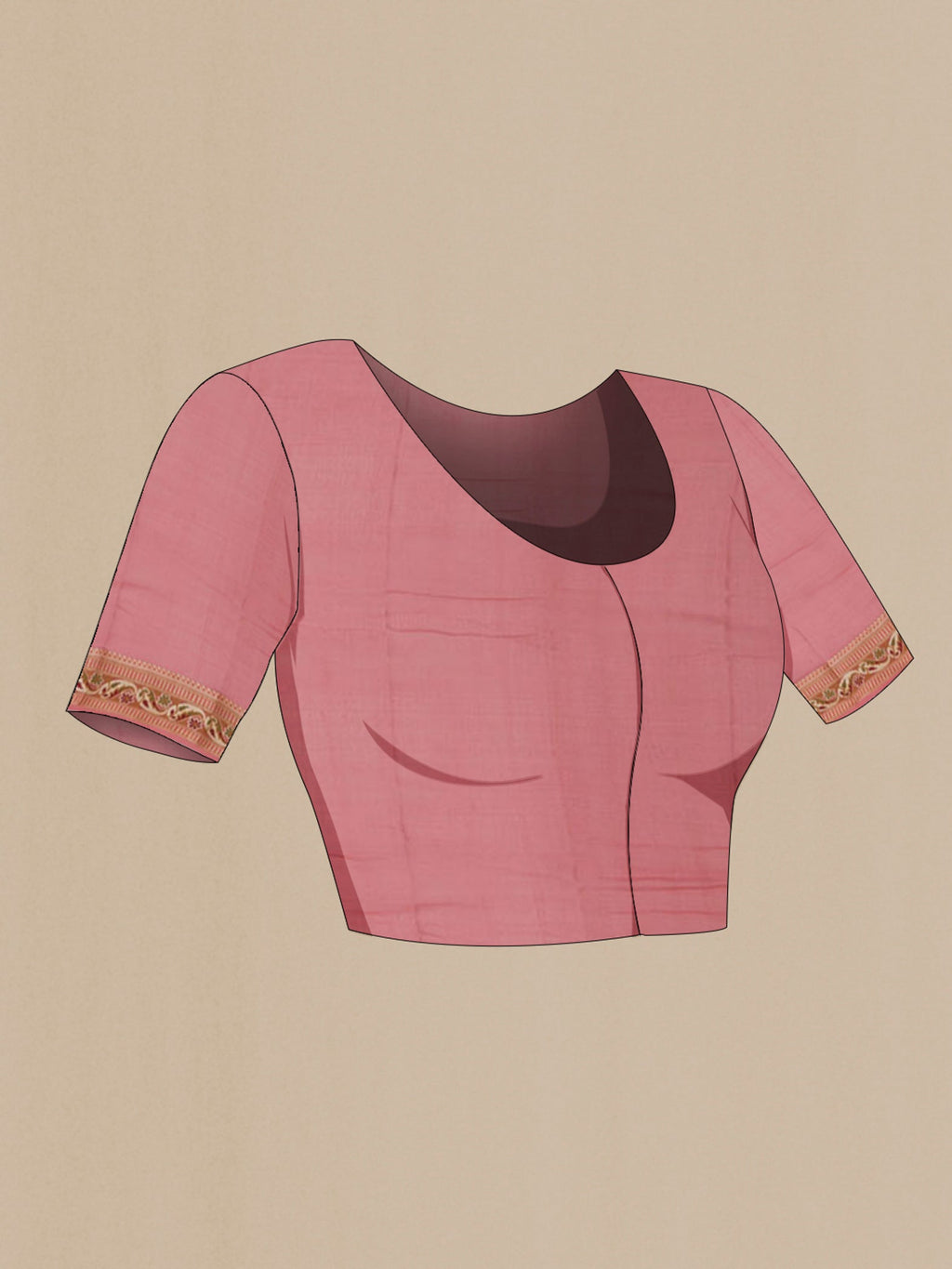 Close up image of the blouse of Coral Banarasi Georgette Saree with Thread Butta on the body and Thread Border. 