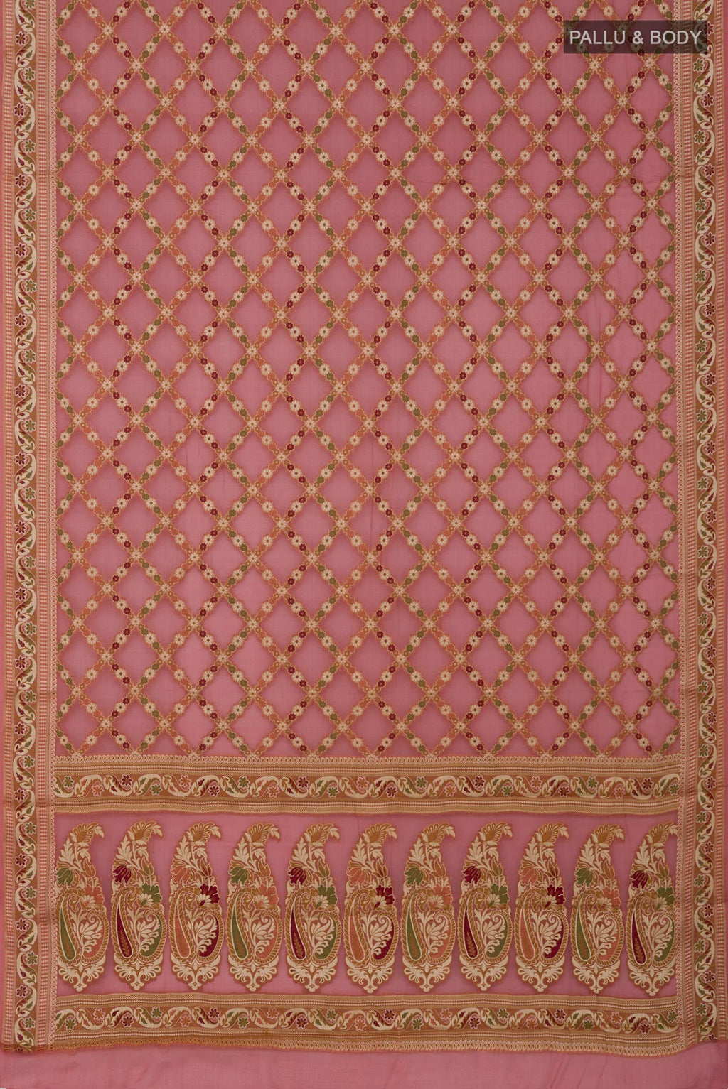 Flat view of Coral Banarasi Georgette Saree with Thread Butta on the body and Thread Border. 