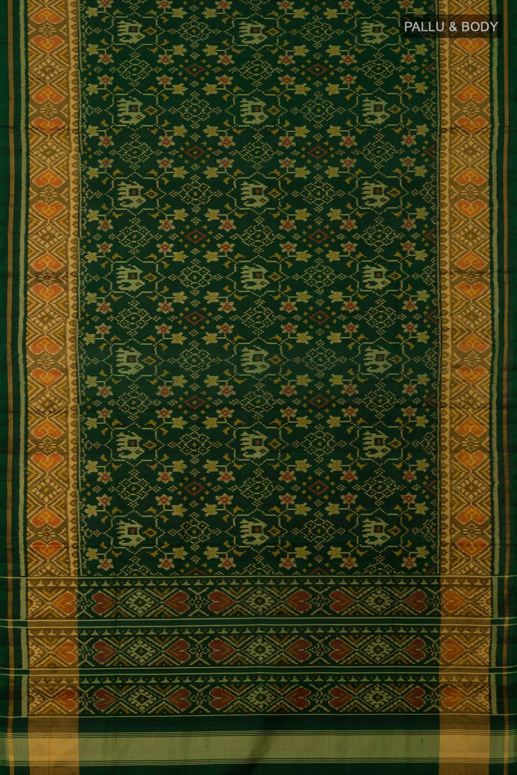Flat view of Bottle Green Rajkot Patola Silk Saree with Ikat design on the body and Ikat Border. 