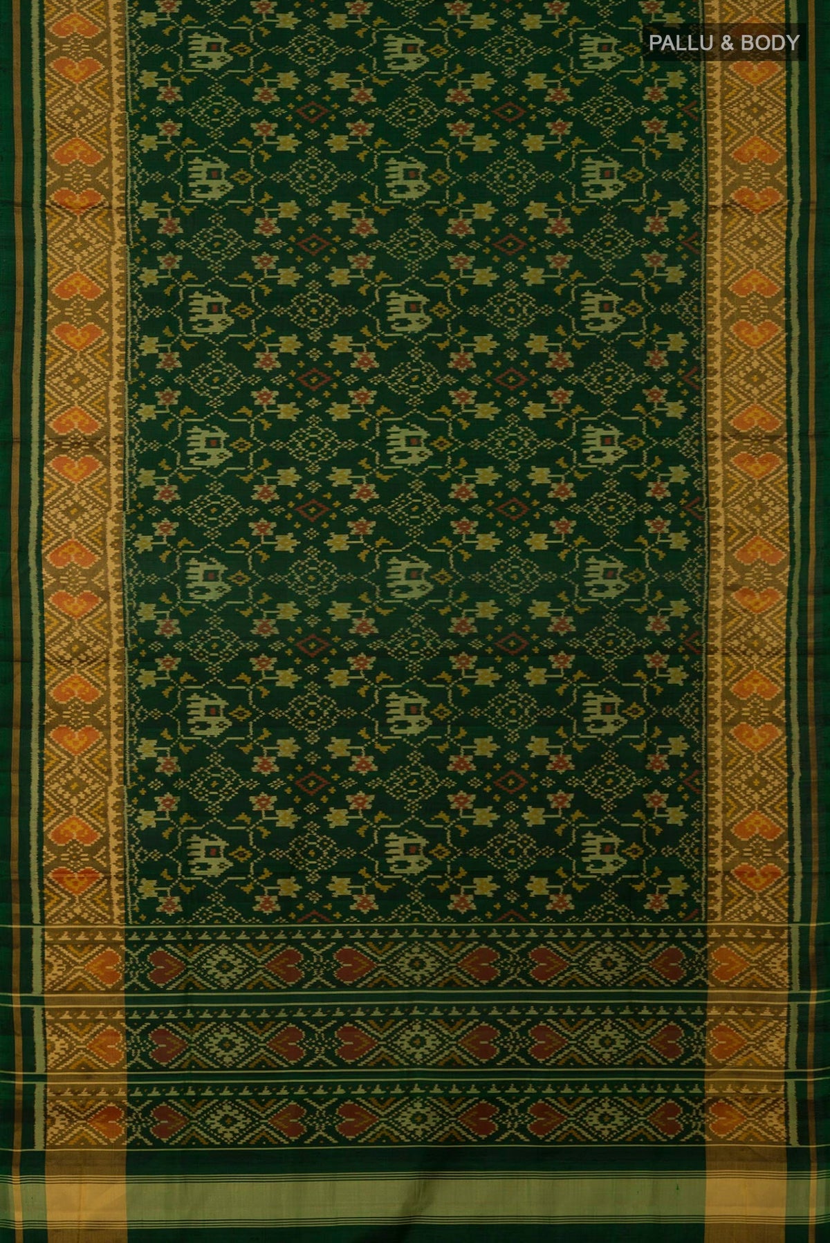 Flat view of Bottle Green Rajkot Patola Silk Saree with Ikat design on the body and Ikat Border. 