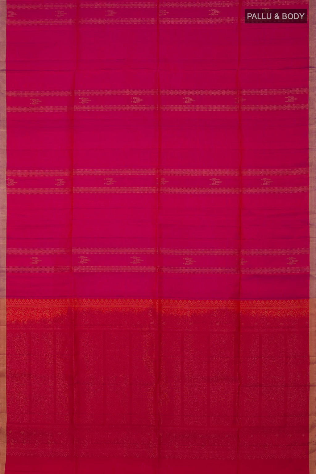 Flat view of Pink Soft Silk Saree with Zari Butta on the body and Thin Zari Line. 