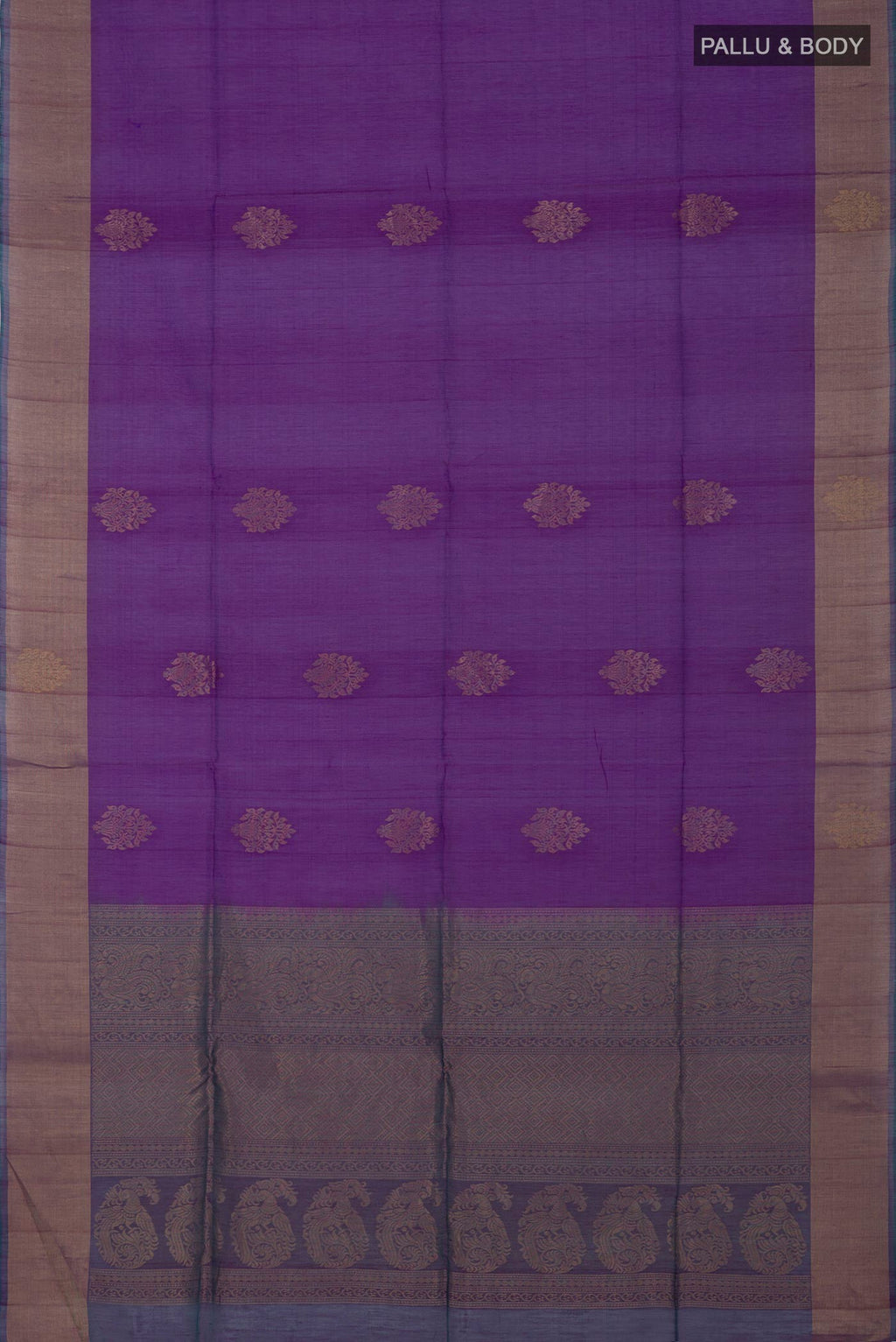 Flat view of Purple Silk Cotton Saree with Zari Butta on the body and Zari Border. 