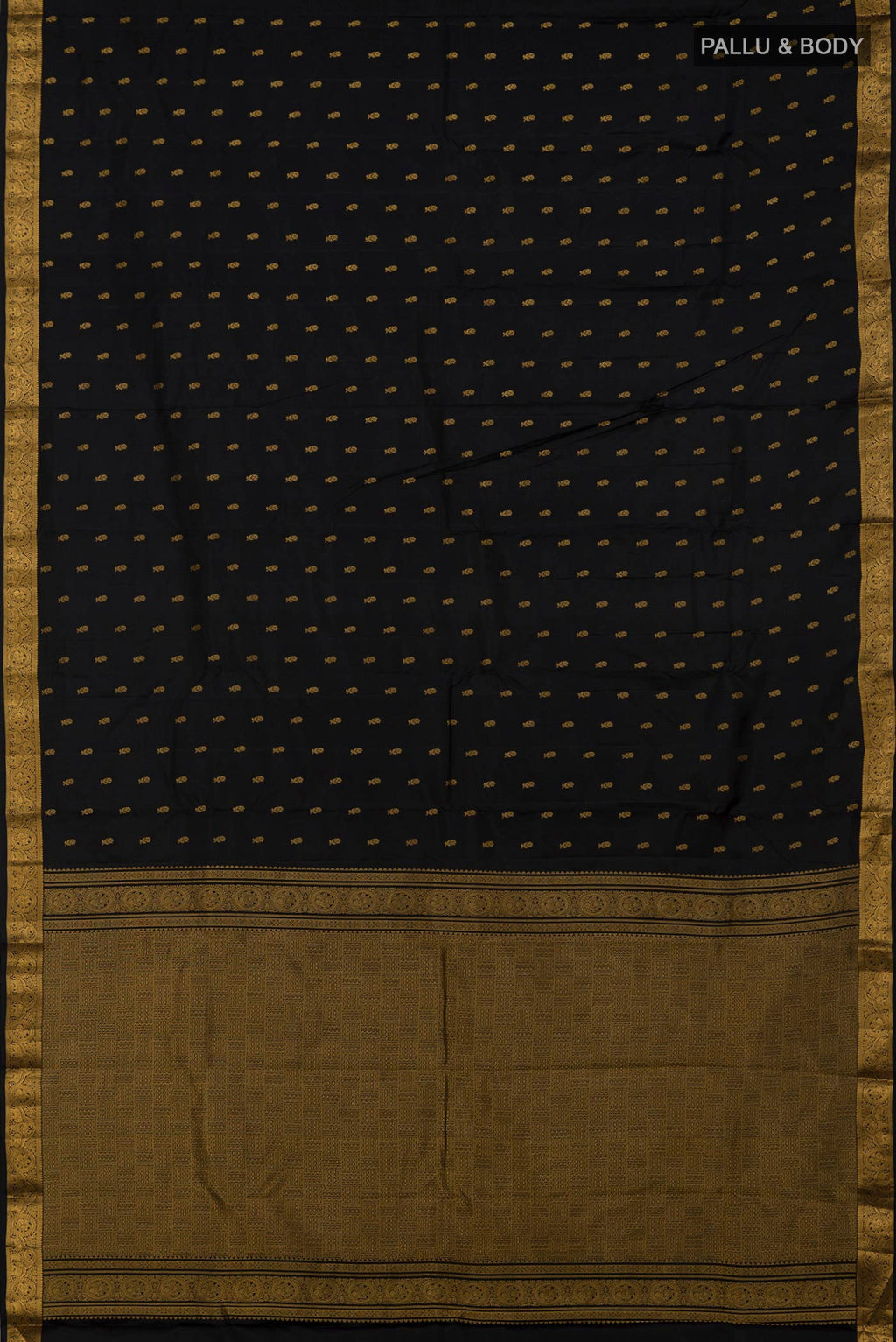 Flat view of Black Kanchipuram Saree with Zari Butta on the body and Zari Border. 