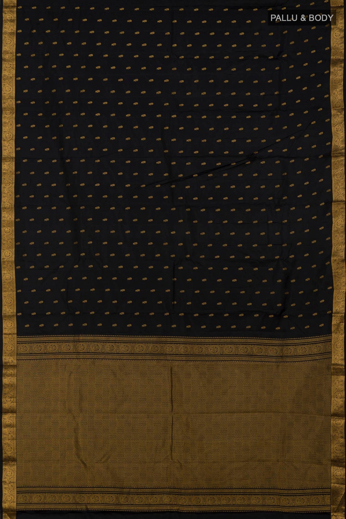 Flat view of Black Kanchipuram Saree with Zari Butta on the body and Zari Border. 