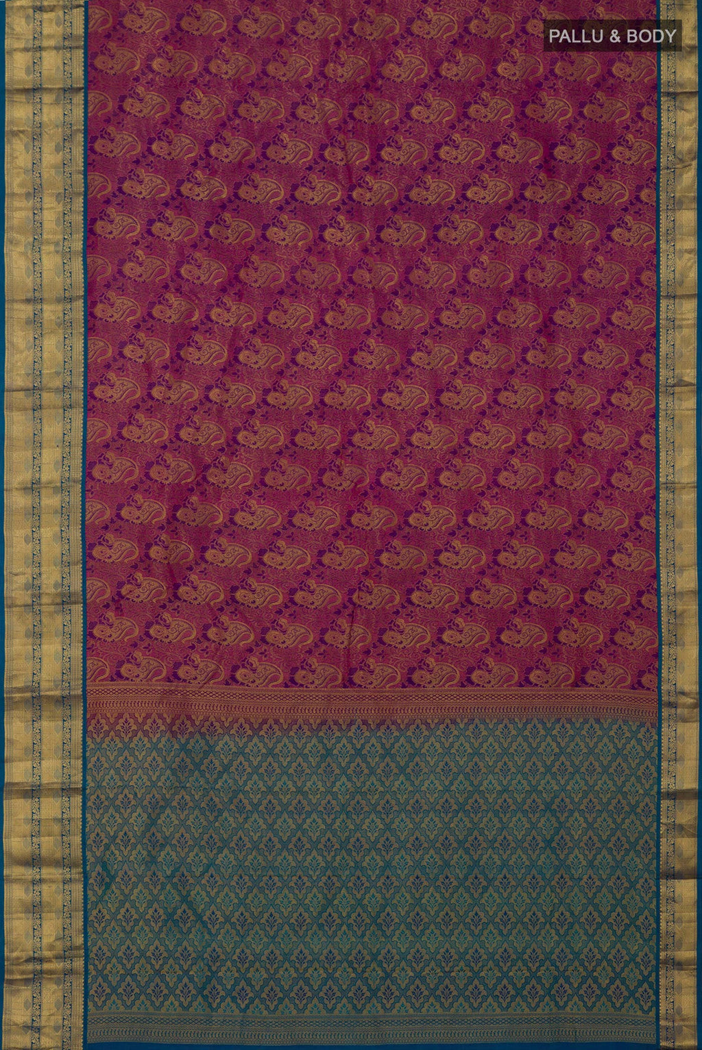 Flat view of Purple Kanchipuram Saree with Zari Brocade on the body and Zari Border. 