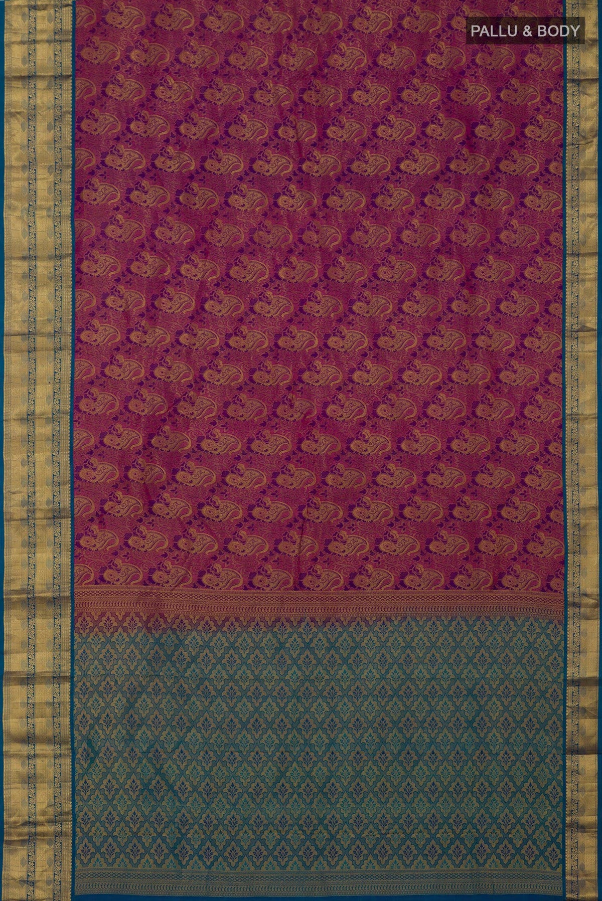 Flat view of Purple Kanchipuram Saree with Zari Brocade on the body and Zari Border. 