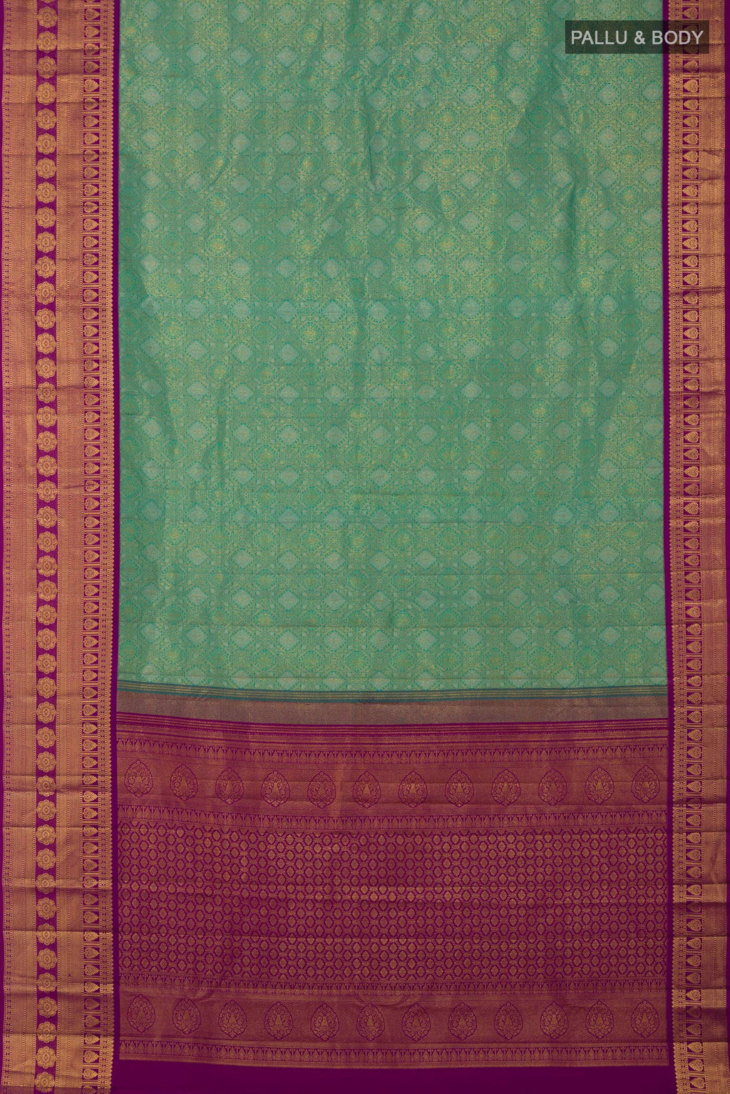 Flat view of Green Kanchipuram Silk Saree with Zari Brocade on the body and Zari Border. 