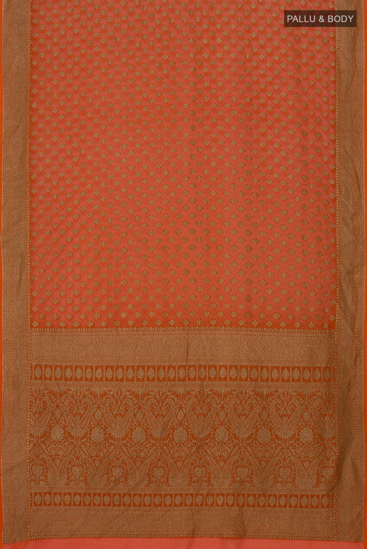Flat view of Orange Banarasi Georgette Saree with Zari Butta on the body and Zari Border. 