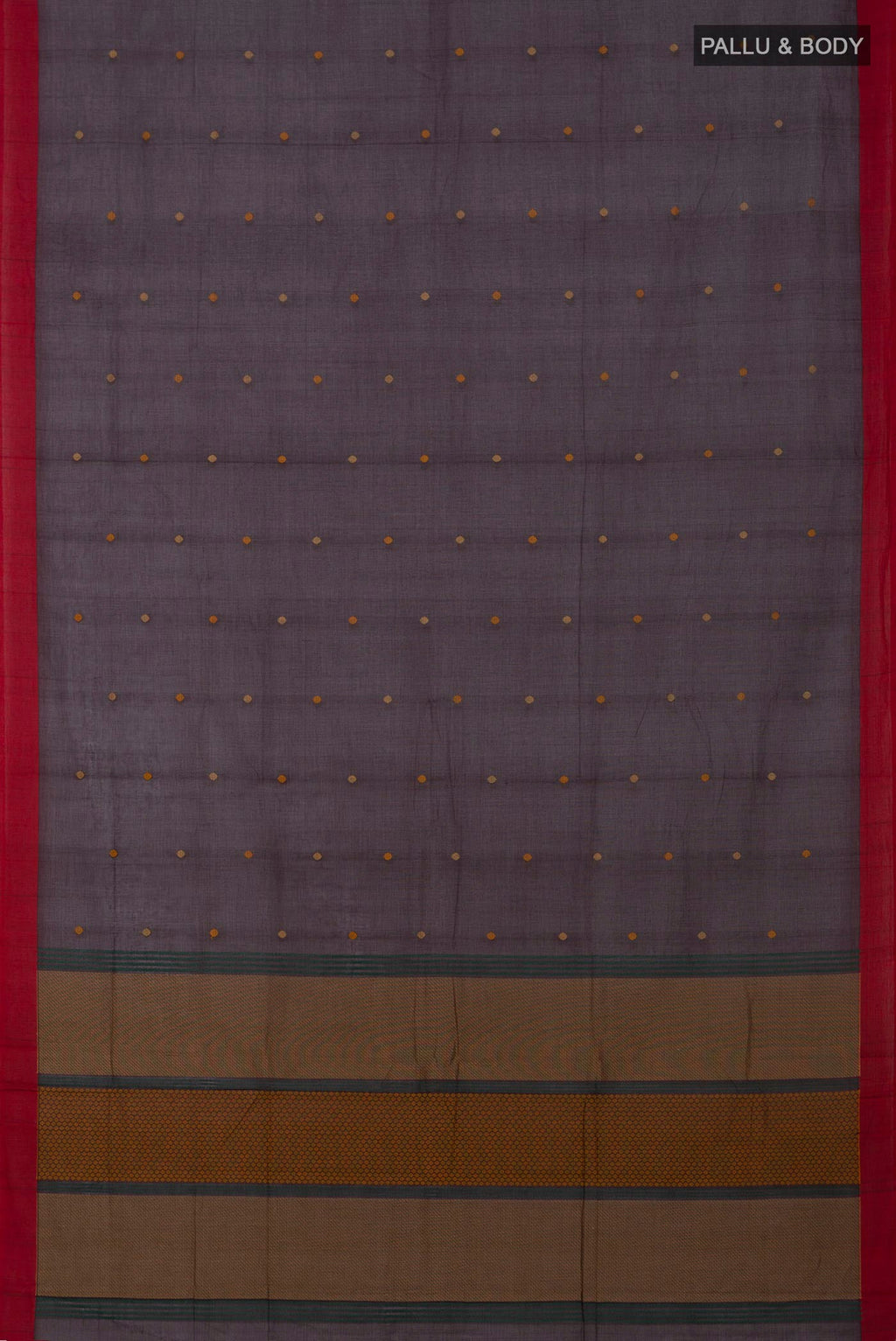 Flat view of Brown Kanchi Cotton Saree with Thread Butta on the body and Plain Border. 