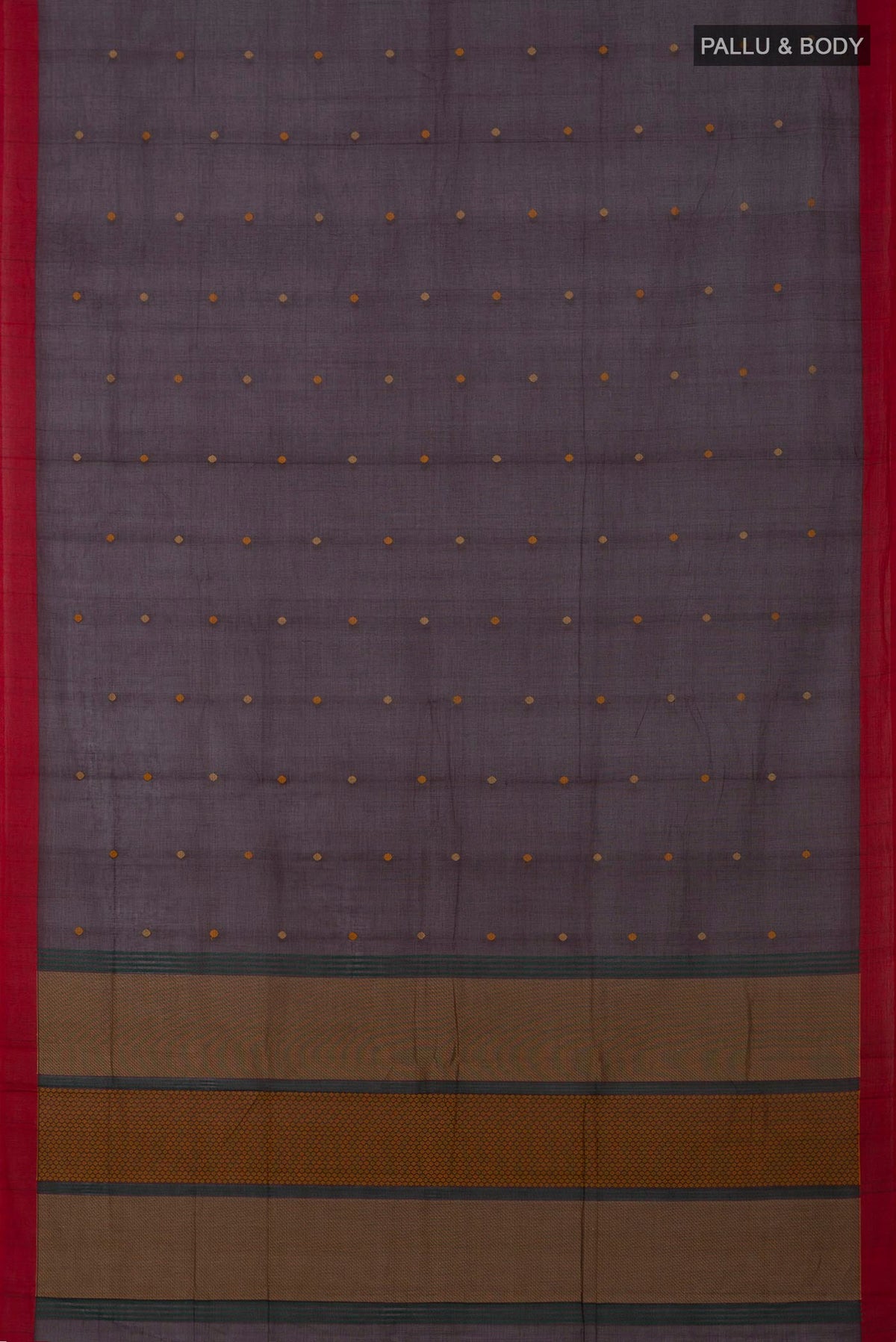 Flat view of Brown Kanchi Cotton Saree with Thread Butta on the body and Plain Border. 