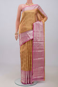 Golden Peach Kanchipuram Silk Saree with Zari Brocade on the body and Zari Border.  displayed on a mannequin