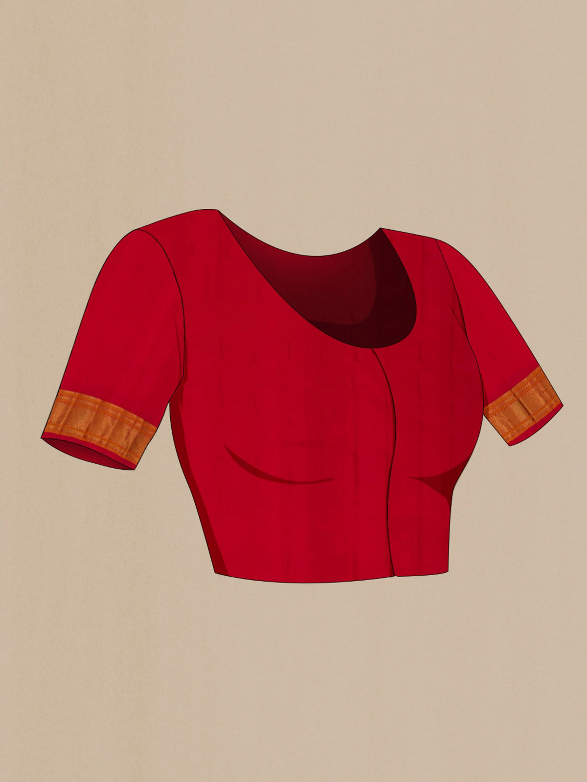 Close up image of the blouse of Red Gadwal Silk Saree with Zari Butta on the body and Zari Border. 