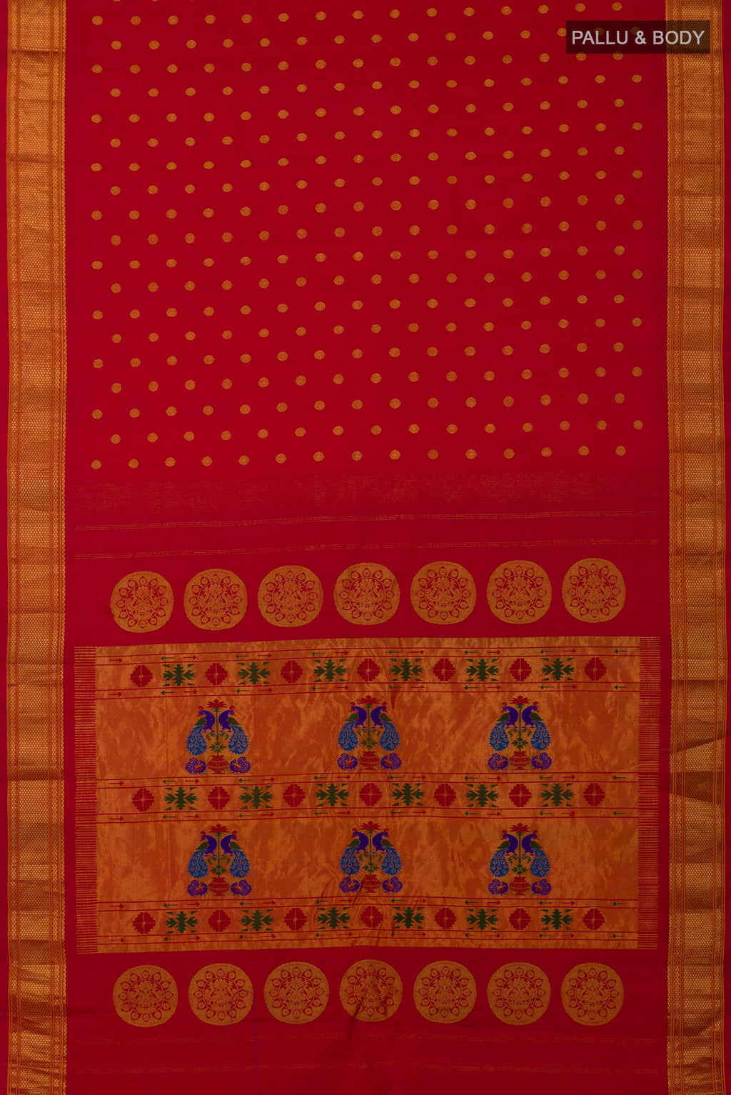 Flat view of Red Gadwal Silk Saree with Zari Butta on the body and Zari Border. 