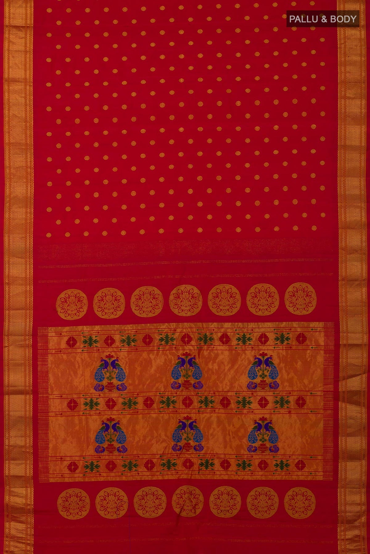 Flat view of Red Gadwal Silk Saree with Zari Butta on the body and Zari Border. 