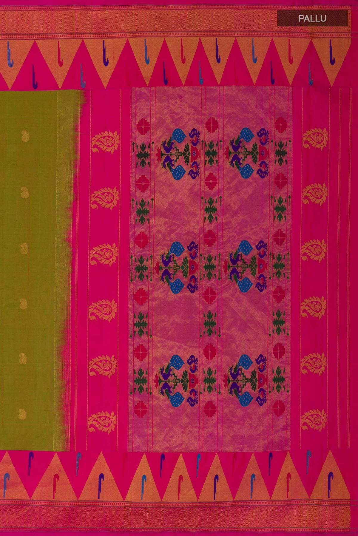 Close up image of the pallu of Green Gadwal Silk Saree with Zari Butta on the body and Paithani Border. 