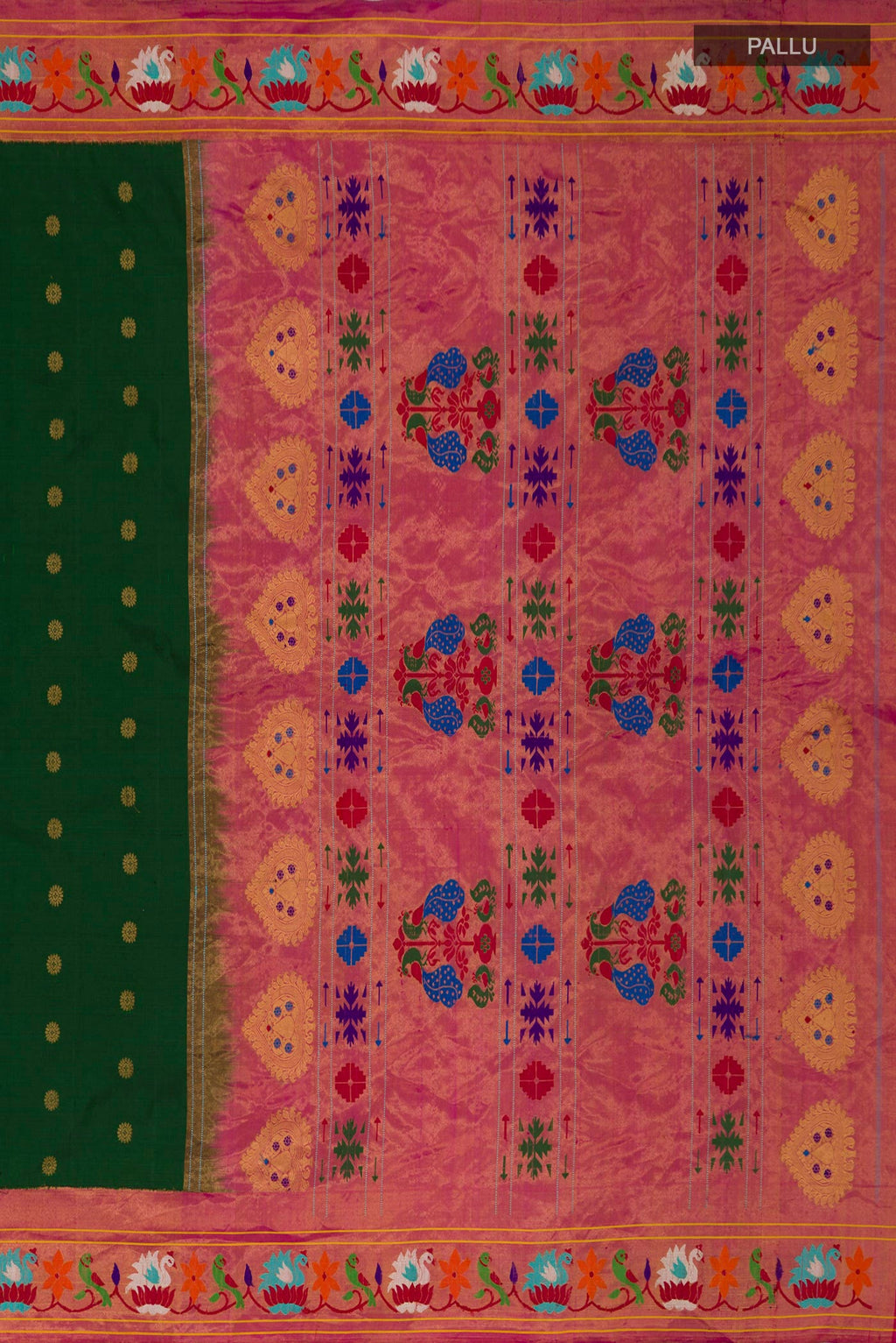 Close up image of the pallu of Green Gadwal Silk Saree with Zari Butta on the body and Paithani Border. 