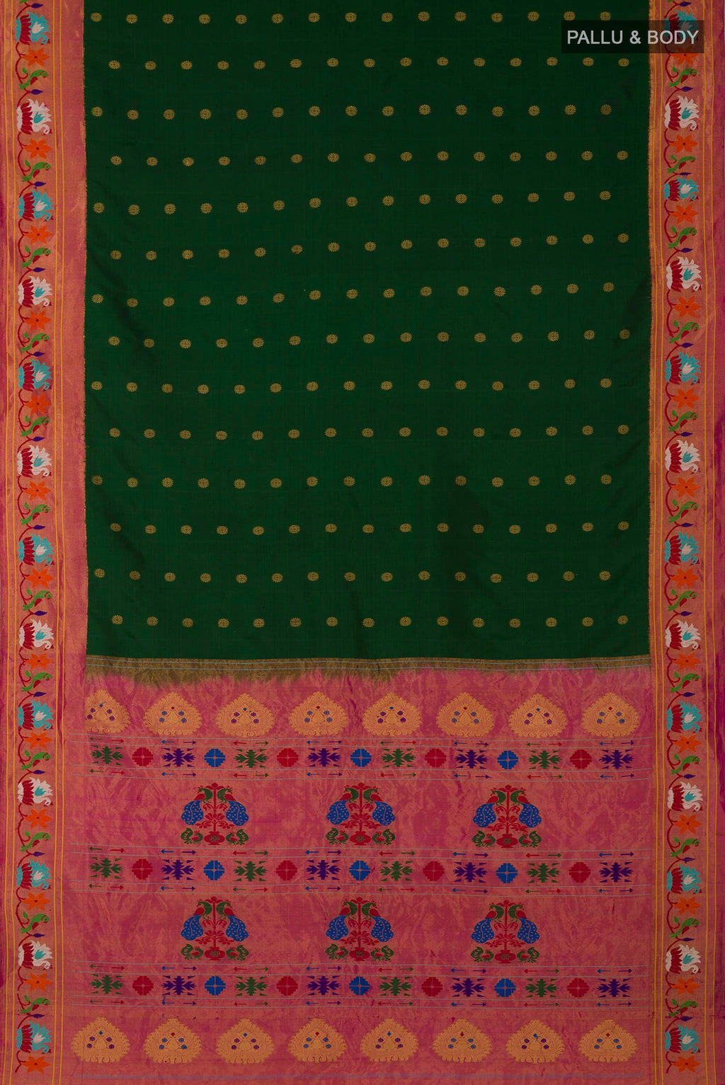 Flat view of Green Gadwal Silk Saree with Zari Butta on the body and Paithani Border. 