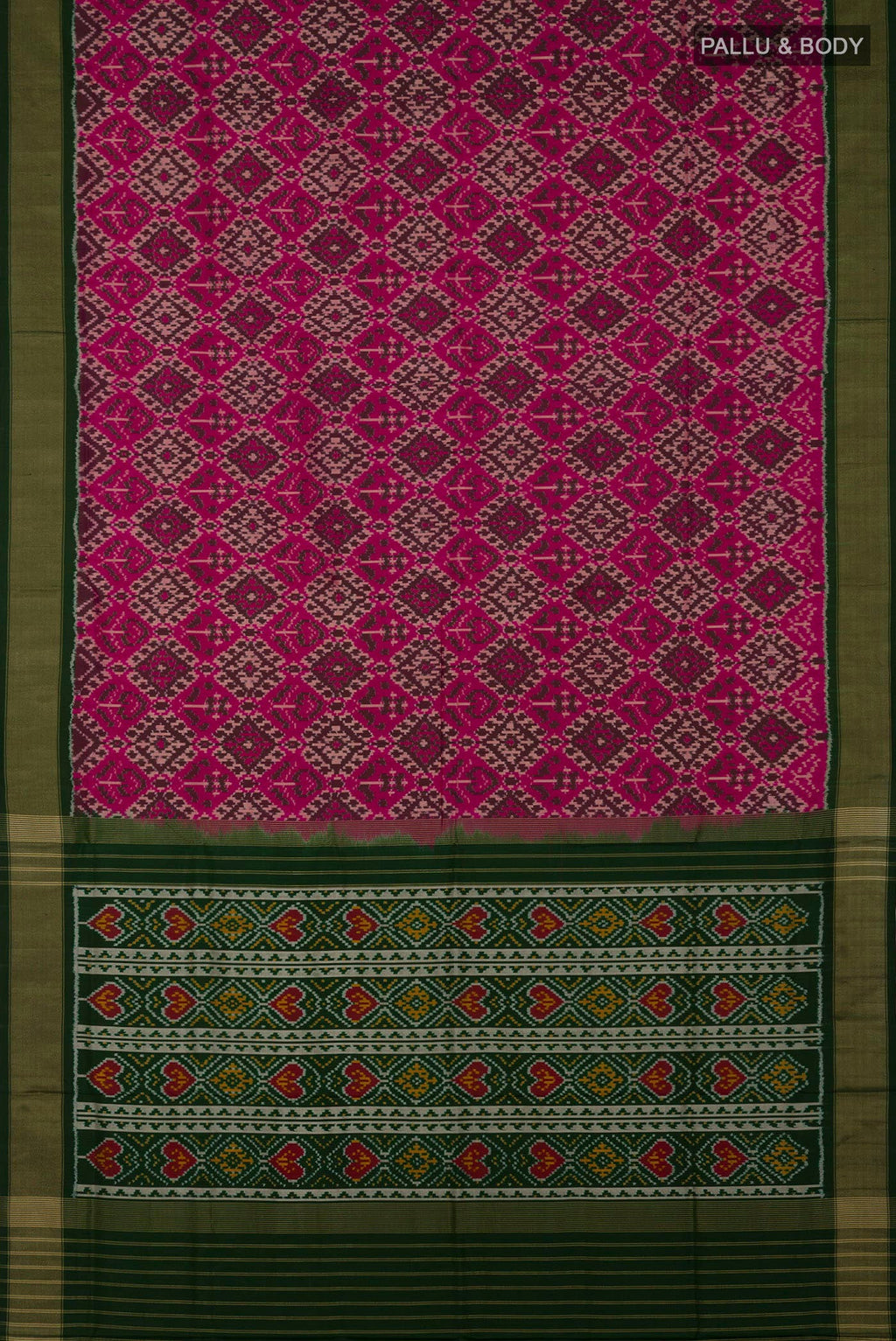 Flat view of Pink Pochampally Saree with Ikat Print on the body and Zari Border. 