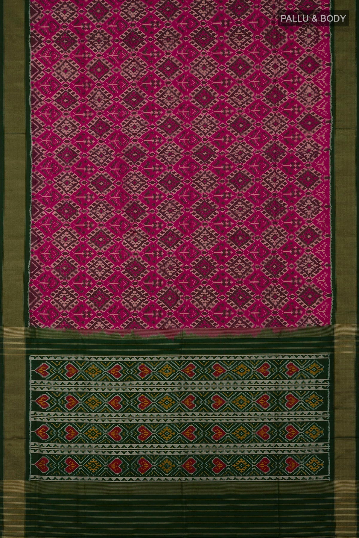 Flat view of Pink Pochampally Saree with Ikat Print on the body and Zari Border. 