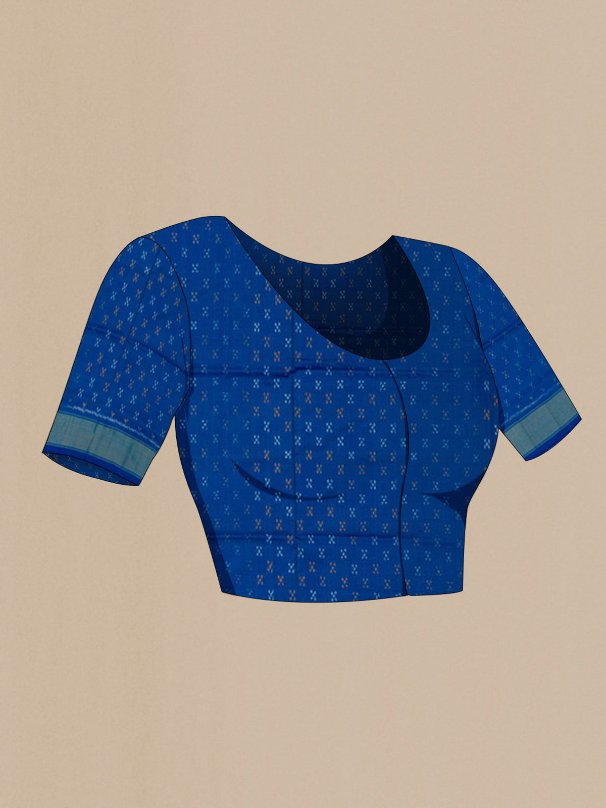 Close up image of the blouse of Blue Pochampally Silk Saree with Ikat design on the body and Zari Border. 