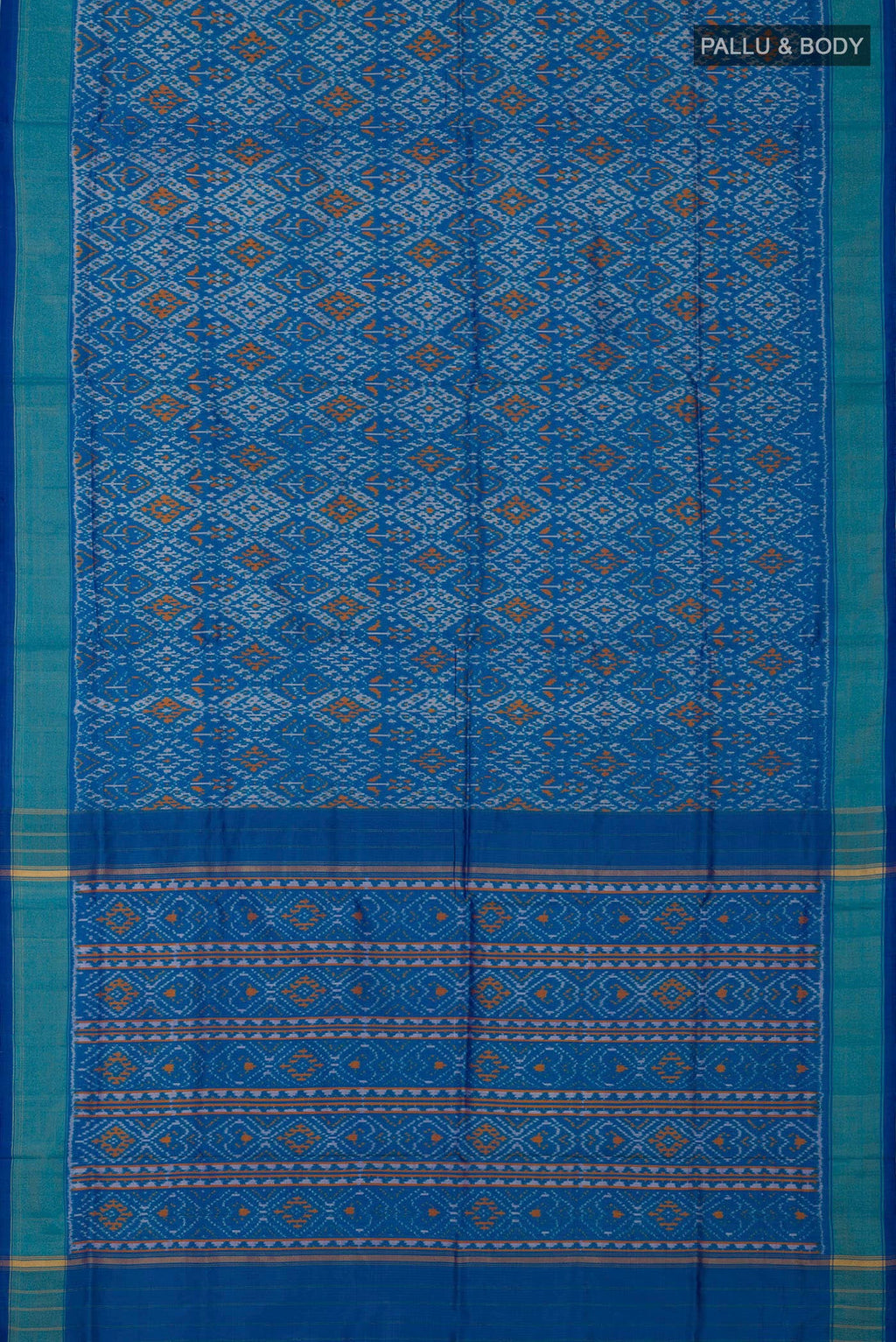 Flat view of Blue Pochampally Silk Saree with Ikat design on the body and Zari Border. 